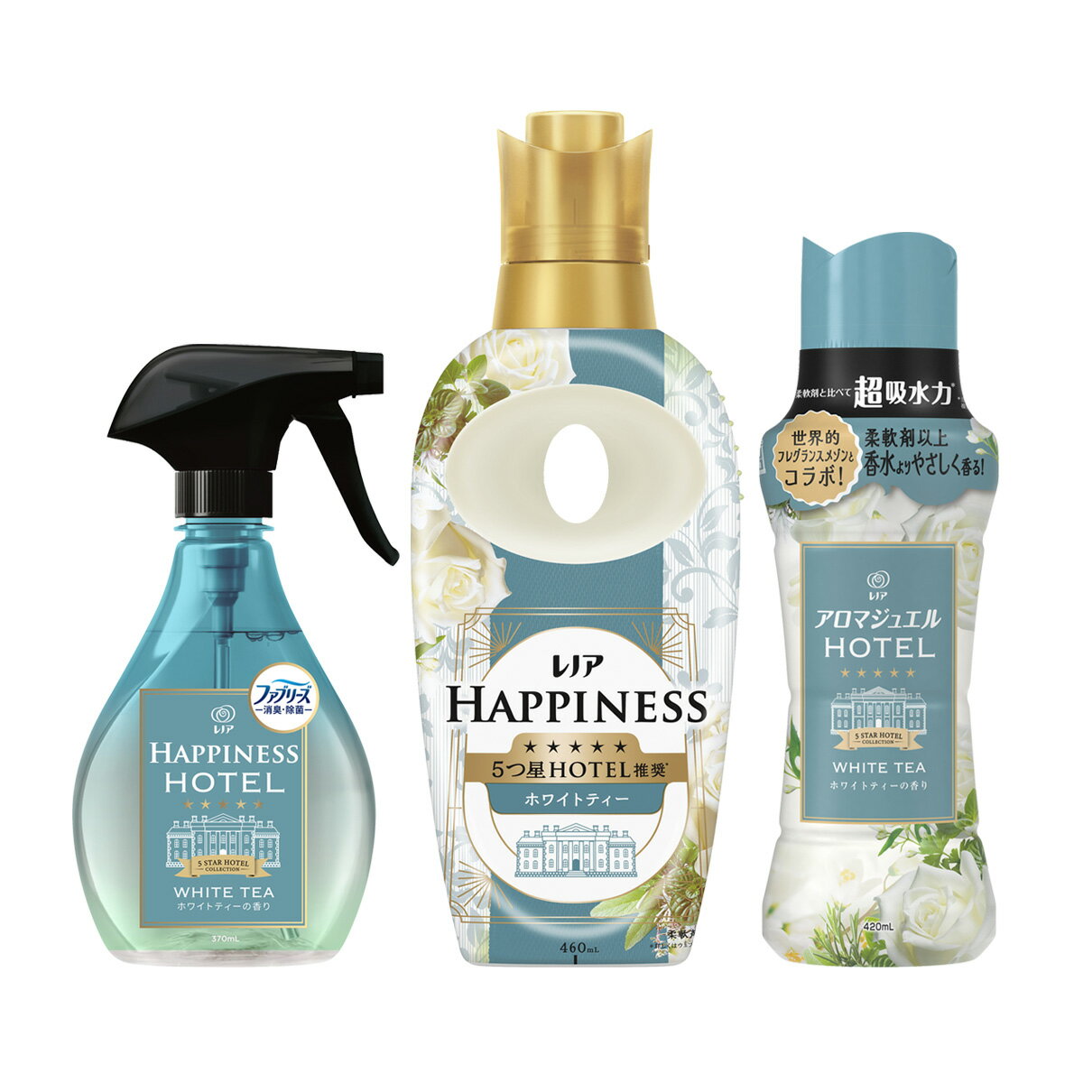 【P&G レノア ホワイトティーの香り コラボセット】レノアハピネス ミスト 本体 370ml + 夢ふわタッチ 柔軟剤 本体 460mL + アロマジュエル 本体 420mL