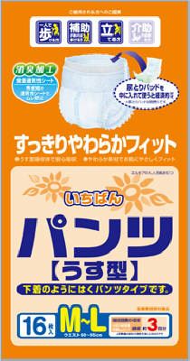 【商品説明】クロスライク全面通気性シートでムレ防止。うすくてもしっかり吸収。安心の消臭加工。1回の排尿量約120mlとして、約3回分吸収。使用方法用途など：大人用はくパンツ用法用量使用量の目安：はくパンツ成分：粉砕パルプ100％、消臭ポリマ−使用上の注意：室内、常温で保管賞味期限等：無問い合わせ先：06-6354-3445原産国：日本ブランド：いちばん商品サイズ：190×380×150JANコード：49716337112731cs：4商品カテゴリ： 　(110001)広告文責：アットライフ株式会社TEL 050-3196-1510※商品パッケージは変更の場合あり。メーカー欠品または完売の際、キャンセルをお願いすることがあります。ご了承ください。