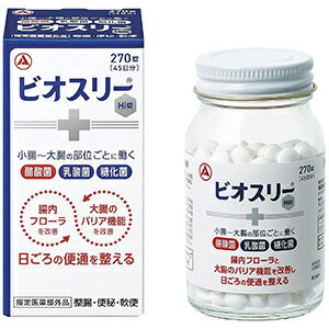 商品名：アリナミン製薬 ビオスリーHi錠 270錠内容量：270錠JANコード：4987910710594発売元、製造元、輸入元又は販売元：アリナミン製薬原産国：日本区分：指定医薬部外品商品番号：103-4987910710594特徴(特長)3種の共生する活性菌が有用菌を増やし,腸内フロ-ラを改善することで,腸を整えます.乳酸菌だけでなく,糖化菌,酪酸菌を加えた3種の活性菌を配合しています.3種の活性菌が小腸から大腸まで生きたまま届きます.のみやすい,やや甘みのある小粒の錠剤です.活性菌トリプル共生処方整腸・便秘・軟便1.糖化菌・腸内有用菌である乳酸菌やビフィズス菌を増やします.2.乳酸菌・乳酸を産生して腸内フロ-ラを改善するとともに,酪酸菌の増殖を助けます.3.酪酸菌・乳酸菌とともに腸で増え,大腸のエネルギ-源として腸の機能維持に必要な酪酸を産生します.3種の共生する活性菌が有用菌を増やし、腸内フローラを改善することで、腸を整えます。乳酸菌だけでなく、糖化菌、酪酸菌を加えた3　種の活性菌を配合しています。3種の活性菌が小腸から大腸まで生きたまま届きます。のみやすい、やや甘みのある小粒の錠剤です。効能・効果整腸（便通を整える）、便秘、軟便、腹部膨満感用法・用量成人（15歳以上）　2錠／回　　3回／日3カ月以上15歳未満　　1錠／回　3回／日原材料／成分／素材／材質6錠中糖化菌　150mg、ラクトミン（乳酸菌）　30mg、酪酸菌　150mg添加物　ポリビニルアルコール（完全けん化物）、ポビドン、バレイショデンプン、乳糖水和物、ステアリン酸Mg賞味期限／使用期限（製造から）3年使用上の注意小児に服用させる場合には、保護者の指導監督のもとに服用させてください。用法・量を厳守してください。錠剤の取り出し方　（PTP品について）錠剤の入っている　PTP　シートの凸部を指先で強く押して裏面アルミ箔を破り、取り出して服用してください。（誤ってそのまま飲み込んだりすると食道粘膜に突き刺さる等思わぬ事故に繋がります。）発売元／製造元／輸入元アリナミン製薬広告文責：アットライフ株式会社TEL 050-3196-1510 ※商品パッケージは変更の場合あり。メーカー欠品または完売の際、キャンセルをお願いすることがあります。ご了承ください。