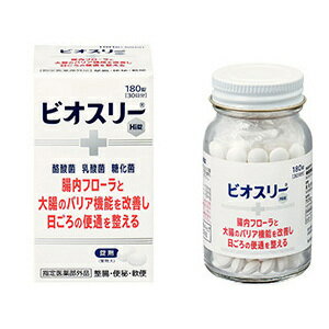 商品名：アリナミン製薬 ビオスリーHi錠 180錠内容量：180錠JANコード：4987910710587発売元、製造元、輸入元又は販売元：アリナミン製薬原産国：日本区分：指定医薬部外品商品番号：103-4987910710587特徴(特長)3種の共生する活性菌が有用菌を増やし,腸内フロ-ラを改善することで,腸を整えます.乳酸菌だけでなく,糖化菌,酪酸菌を加えた3種の活性菌を配合しています.3種の活性菌が小腸から大腸まで生きたまま届きます.のみやすい,やや甘みのある小粒の錠剤です.活性菌トリプル共生処方整腸・便秘・軟便1.糖化菌・腸内有用菌である乳酸菌やビフィズス菌を増やします.2.乳酸菌・乳酸を産生して腸内フロ-ラを改善するとともに,酪酸菌の増殖を助けます.3.酪酸菌・乳酸菌とともに腸で増え,大腸のエネルギ-源として腸の機能維持に必要な酪酸を産生します.3種の共生する活性菌が有用菌を増やし、腸内フローラを改善することで、腸を整えます。乳酸菌だけでなく、糖化菌、酪酸菌を加えた3種の活性菌を配合しています。3種の活性菌が小腸から大腸まで生きたまま届きます。のみやすい、やや甘みのある小粒の錠剤です。効能・効果整腸（便通を整える）、便秘、軟便、腹部膨満感用法・用量成人（15歳以上）　2錠／回　　3回／日3カ月以上15歳未満　　1錠／回　3回／日原材料／成分／素材／材質6錠中糖化菌　150mg、ラクトミン（乳酸菌）　30mg、酪酸菌　150mg添加物　ポリビニルアルコール（完全けん化物）、ポビドン、バレイショデンプン、乳糖水和物、ステアリン酸Mg賞味期限／使用期限（製造から）3年使用上の注意小児に服用させる場合には、保護者の指導監督のもとに服用させてください。用法・量を厳守してください。錠剤の取り出し方　（PTP品について）錠剤の入っている　PTP　シートの凸部を指先で強く押して裏面アルミ箔を破り、取り出して服用してください。（誤ってそのまま飲み込んだりすると食道粘膜に突き刺さる等思わぬ事故に繋がります。）発売元／製造元／輸入元アリナミン製薬お問い合わせ先アリナミン製薬株式会社の製品に関するお問合せ■ OTC医薬品・医薬部外品等に関するお問合せ：0120-567-087■ 食品に関するお問合せ：0120-336-675■ 禁煙プログラム及びニコレットに関するお問合せ　ニコレット禁煙支援センター：0120-250-103受付時間：月曜 金曜（土日祝日・その他の当社休業日を除く）の9:00 17:00広告文責：アットライフ株式会社TEL 050-3196-1510 ※商品パッケージは変更の場合あり。メーカー欠品または完売の際、キャンセルをお願いすることがあります。ご了承ください。