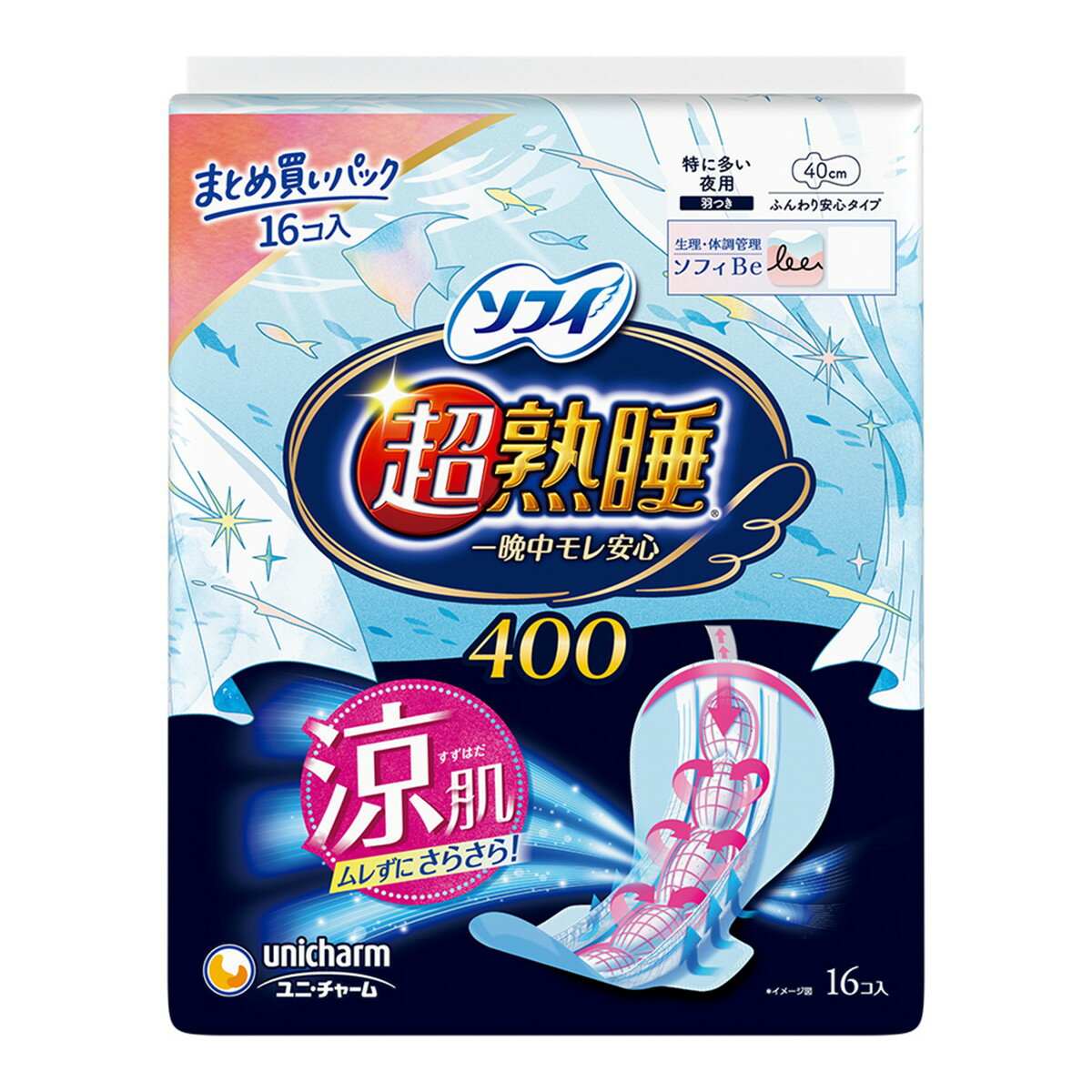 【送料込・まとめ買い×12個セット】ユニ・チャーム ソフィ 超熟睡ガード 涼肌400 特に多い夜用 40cm 羽つき 16コ入 生理用ナプキン