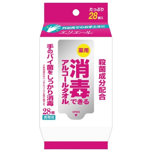 区分：医薬部外品　エリエール 薬用消毒できるアルコールタオル 携帯用 28枚ブランド：エリエール販売・製造元：大王製紙外皮消毒剤(ウェットティッシュ)・携帯用です。殺菌成分が手についたバイ菌をしっかり消毒。たっぷりの水分量で手指全体をしっかり消毒。ふき応えを実感できるふんわり厚手シートを採用しています。医薬部外品。 用途●食事前のお手ふきに●外出先からの帰宅時に●お料理をする前に●小さなお子さまのお世話をする前に●掃除やゴミ出しの後に●介護や看護のときに 使用方法●フタシールをOPENの所から開け、1枚ずつ取り出してお使いください。●乾燥を防ぐため、使用後はしっかりとフタシールを閉めてください。 使用上の注意使用に際しては、以下の説明をよく読むこと。●してはいけないこと(守らないと現在の症状が悪化したり、副作用が起こりやすくなる)(1)使用できない人：アルコール過敏症の人(2)使用できない部位：傷、粘膜部、火傷の部位 原産国：日本 効能・効果手指・皮膚の洗浄・消毒 用法・用量用時不織布シートを取り出し、そのまま手指又は皮膚に薬液を塗布する。【用法及び用量に関連する注意】●小児に使用させる場合には、保護者の指導監督のもとに使用させること。●目に入らないように注意すること。万一、目に入った場合には、すぐに水又はぬるま湯で洗うこと。なお、症状が重い場合には、眼科医の診療を受けること。●外用にのみ使用すること。 成分・分量有効成分：ベンザルコニウム塩化物 0.05%その他の成分：エタノール、プロピレングリコール、精製水 衛生医療／殺菌・消毒／消毒液／手指消毒剤JANコード： 49020117331741cs：36広告文責：アットライフ株式会社TEL 050-3196-1510※商品パッケージは変更の場合あり。メーカー欠品または完売の際、キャンセルをお願いすることがあります。ご了承ください。