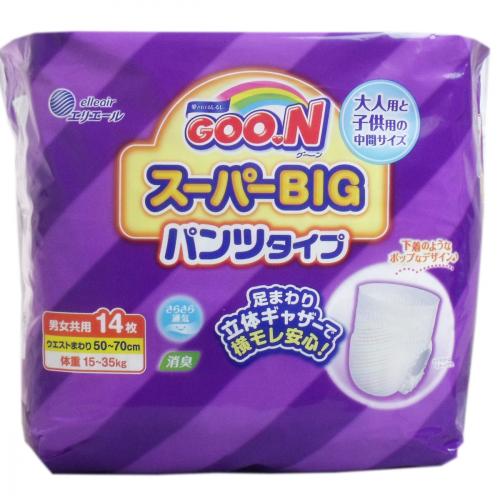 　グーン スーパーBIG パンツ 14枚入ブランド：グーン(GOO.N)販売・製造元：大王製紙大人用と子供用の中間サイズのパンツ式 スーパービッグです。夜一枚でも安心の吸収量。面でフィットするぴったり足回りギャザーでずれにくい。腰部まで続く足回りギャザーで引き上げやすい。デリケートな肌にやさしい全面通気性。下着のようなデザイン。消臭ポリマーが使用後のおむつの気になるニオイを軽減します。 使用上の注意●汚れた紙おむつは早くとりかえてください。●テープは直接お肌につけないでください。●誤って口に入れたり、のどにつまらせることのないよう保管場所に注意し、使用後はすぐに処理してください。 使用後の処理●紙おむつに付着した大便は、トイレに始末してください。●汚れた部分を内側にして丸めて、不衛生にならないように処理してください。●トイレに紙おむつを捨てないでください。●使用後の紙おむつの廃棄方法は、お住まいの地域のルールに従ってください。●外出時に使用した紙おむつは持帰りましょう。 保管上の注意開封後は、ほこりや虫が入らないよう、衛生的に保管してください。 素材●表面材：ポリオレフィン系不織布 等●吸水材：綿状パルプ、吸収紙、高分子吸水材、ポリオレフィン系不織布●防水材：ポリオレフィン系フィルム●止着材：ポリオレフィン系フィルム●伸縮剤：ポリウレタン●結合材：スチレン系合成樹脂 等 お問い合わせ先大王製紙株式会社0120-205205 ベビー＆キッズ／おむつ／紙おむつ／パンツ式 スーパービッグJANコード： 49020117430811cs：6広告文責：アットライフ株式会社TEL 050-3196-1510※商品パッケージは変更の場合あり。メーカー欠品または完売の際、キャンセルをお願いすることがあります。ご了承ください。⇒大王製紙　ベビー用品　GOON　グーンはこちらから