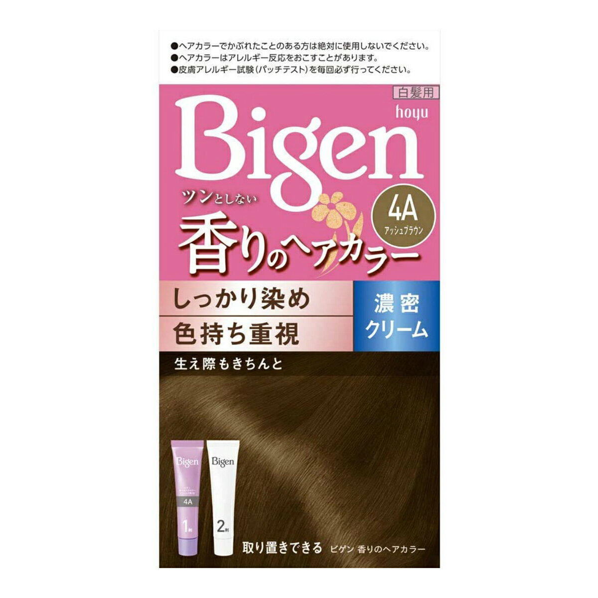 商品名：ビゲン　香りのヘアカラー　クリーム　4A　アッシュブラウン　40g+40g内容量：80gJANコード:4987205051494発売元、製造元、輸入元又は販売元：ホーユー原産国：日本区分：医薬部外品商品番号：101-23739ブランド：ビゲンツンとしない、ほのかなアロマの香りの白髪染め。ビゲン香りのヘアカラーから、赤みをしっかり抑えた「アッシュ系」の新色2色登場！「4A　アッシュブラウン」「5A　深いアッシュブラウン」色持ち成分配合。日にちが経っても「キラ浮き白髪」気にならない！広告文責：アットライフ株式会社TEL 050-3196-1510 ※商品パッケージは変更の場合あり。メーカー欠品または完売の際、キャンセルをお願いすることがあります。ご了承ください。