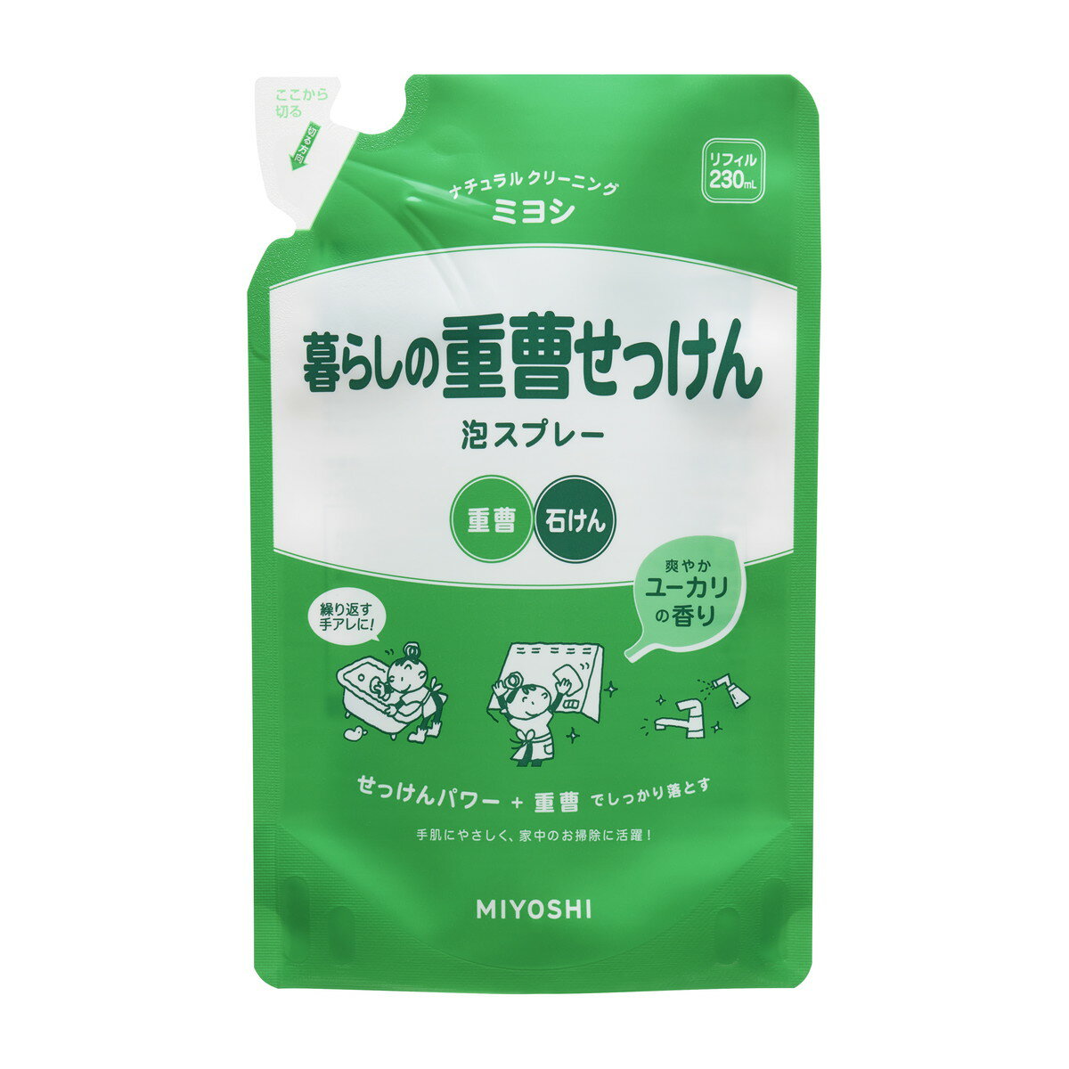 【送料込・まとめ買い×6点セット】ミヨシ石鹸 暮らしの重曹 せっけん泡スプレー つめかえ用 230ml　ユーカリ系のさわやかな香料（液体洗剤 詰め換え キッチン用）（4537130101711）