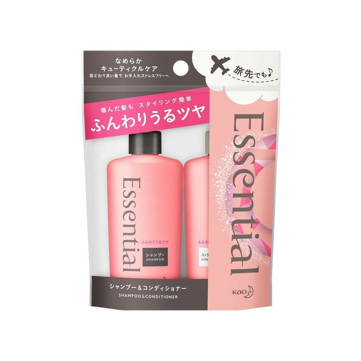 【送料込・まとめ買い×5個セット】花王 エッセンシャルふんわりうるツヤ髪 シャンプー 45ml + コンディショナー 45ml ミニセット