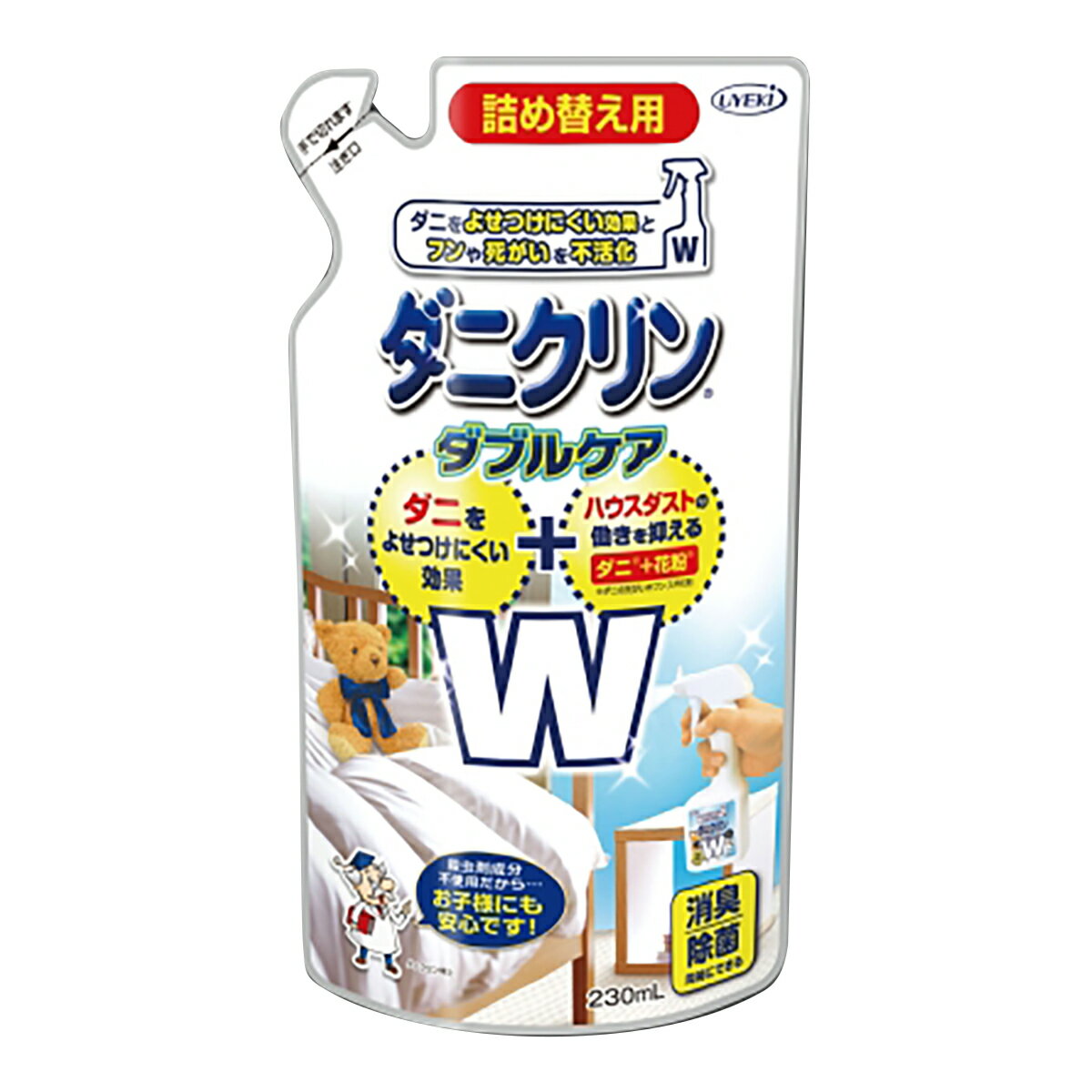 商品名：ダニクリンWケア詰替用　230ml内容量：230mlブランド：ダニクリン原産国：日本生きたダニをよせつけず、ハウスダストも抑える！ダニを寄せ付けない効果に、ダニの死がいやフン、花粉といったハウスダストの抑制効果も付与。お得な詰替用。JANコード:4968909061828商品番号：101-14910姫路流通センター＞ 日用品・生活雑貨 ダニをよせつけにくい効果とハウスダストの働きを抑えるWの効果。・今お使いのお布団やカーペットにスプレーするだけ。エサのある表のほうにダニをよせつけにくい効果を発揮します。シーツなどお洗濯するものは、お洗濯2~3回程度、タタミやカーペットなら約1ヶ月効果が持続。・ハウスダストを包み込み働きを抑制します。・寝具にも安心してお使いいただけるように、肌への刺激が少なく、スプレーしたところに口が触れても大丈夫な成分を採用しています。・消臭成分にサトウキビ抽出エキスを配合。気になるニオイに消臭効果を発揮します。・寝具やタタミ、カーペットに除菌ができます。肌におだやかな成分を使用しました。使用上の注意・用途以外に使用しない。・用途以外のものに本剤がかかった場合は拭きとる。・肌に本剤がかかった場合は洗い流す。・肌への影響が心配な方や匂いに敏感な方は、ハンドタオルのようなものにスプレーして試してから使う。・肌に合わない場合や匂いが気になるときは使用を止める。・色落ちするもの(新しいタタミや布製のもの等)、縮みやすいもの(絹・レーヨン等)、洗えないものは、あらかじめ目立たない場所で試してから使用する。・スプレーする時は換気し、吸い込んだり目に入らないように注意する。・シミになる場合があるため、同じ場所に大量にスプレーしない。・タタミやカーペットにスプレー後、本剤が足やスリッパに付着してフローリング等がべたつく場合があるため、乾いていない場合は、歩いたり、ふんだりしないように注意する。・子供の手の届かない、直射日光を避けた場所に保管する。・凍結したり高温になる場所には保管しない。広告文責：アットライフ株式会社TEL 050-3196-1510※商品パッケージは変更の場合あり。メーカー欠品または完売の際、キャンセルをお願いすることがあります。ご了承ください。