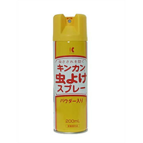 商品説明「キンカン 虫よけスプレー 200ml」は、お肌にスプレーするだけで、虫さされを防ぐスプレータイプの肌用虫よけ対策です。キャンプやハイキング、山登り、ゴルフ、魚つりなどのレジャーやスポーツに、また庭いじりや畑仕事などにもご使用いただけます。パウダー入りなので、サラサラな使い心地です。商品のお届けについて：こちらの商品は空輸禁止商品です。北海道ならびに沖縄への発送は、お届け予定日よりも遅れる場合がございます。使用方法●お肌から約15cm離してスプレーして下さい。●漫然とした使用を避け、虫が多い戸外での使用等、必要な場合にのみ使用する。●12才未満に使用する場合には、保護者等の指導監督のもとで、以下の回数を目安に使用すること。なお、顔には使用しないこと。●6ヶ月未満の乳児には使用しないこと。●6ヶ月以上2才未満は、1日1回。●2才以上12才未満は、1日1-3回。●顔、首すじにぬる場合手のひらに一度スプレーして、手でぬって下さい。●約4-5時間ごとにスプレーしてください。ご注意1.目や唇のまわり、傷口にはスプレーしない事。目に入ったり、飲んだり、なめたり、吸い込んだりすることがないようにし、塗布した手で目をこすらないこと。万一目や唇・傷口に入った場合には、すぐに大量の水又はぬるま湯でよく洗い流すこと。また、具合が悪くなる等の症状があらわれた場合には、直ちに本剤にエタノールとディートが含まれていることを医者に告げて診療を受ける事。2.同じ皮膚面に続けて3秒以上スプレーしない事。3.幼児や肌の敏感な人は、上腕の内側などに少量スプレーし、翌日異常がない事を確かめてから使用する事。4.使用中肌に発疹、かゆみ、はれ、かぶれ、刺激感等の症状が現れた場合は使用を中止し、直ちに医師の診療を受けるようにする事。5.衣服に直接スプレーしない事。6.食品、食器、玩具、家具等にかからないようにする事。7.缶が錆びてガス漏れの原因となるので、水回りや湿気の多い場所に置かない事。8.子供の手の届かない所に保管する事。成分ディート7g/200ml(原液中7%)効能・効果効能：蚊、ブヨ、サシバエ、アブ、ノミ、イエダニ、ナンキンムシによる虫さされの防止ブランド：キンカン発売元：金冠堂 内容量：200ml サイズ：直径50*高170(mm)JANコード：　4987062952002[キンカン]日用品[虫よけスプレー(肌用)]発売元、製造元、輸入元又は販売元：金冠堂区分：医薬部外品広告文責：アットライフ株式会社TEL 050-3196-1510※商品パッケージは変更の場合あり。メーカー欠品または完売の際、キャンセルをお願いすることがあります。ご了承ください。