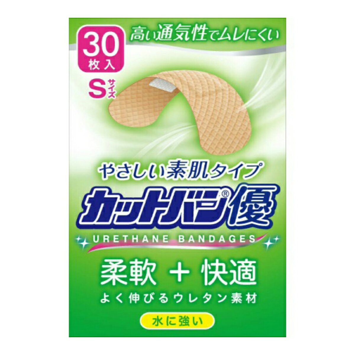 商品名：祐徳薬品工業 カットバン優 Sサイズ 30枚内容量：30枚JANコード：4987235023157発売元、製造元、輸入元又は販売元：祐徳薬品工業原産国：日本区分：医療機器商品番号：103-4987235023157・柔らかなウレタン不織布を使用し、快適な使いごこち。 ・よく伸びるウレタン素材で関節部にもしっかりとフィットします。 ・通気性が高くムレにくい製品です。 ・パットの周りを広くすることで、はがれやめくれを軽減し、水の浸入を防ぎます。 ◆素材 支持体：ポリウレタン不織布 粘着剤：アクリル系粘着剤 パッド：ベンザルコニウム塩化物薬液で消毒したポリオフィンネット付き不織布パッド 文責：デットボール広告文責：アットライフ株式会社TEL 050-3196-1510 ※商品パッケージは変更の場合あり。メーカー欠品または完売の際、キャンセルをお願いすることがあります。ご了承ください。