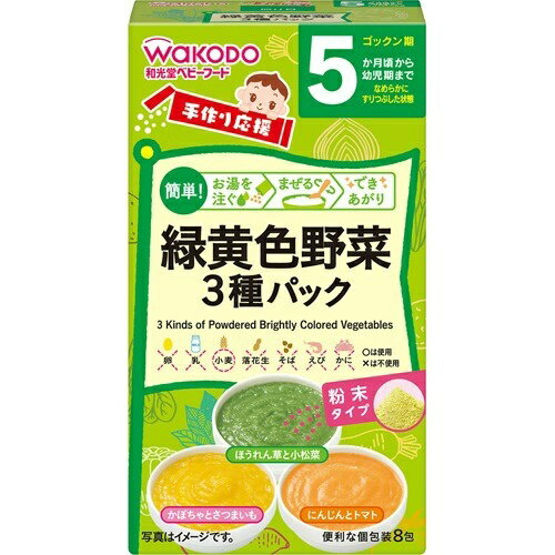 商品名：和光堂 手作り応援 緑黄色野菜3種パック 8包入内容量：8包入JANコード：4987244192615発売元、製造元、輸入元又は販売元：アサヒグループ食品商品番号：103-4987244192615商品説明：●いろいろな素材や味を組み合わせて赤ちゃんの好みに合わせられます。手作り応援で手間なし離乳食作り。●離乳食のはじめごろに便利なおすすめ素材を少量ずつお試しできます。●離乳食作りに便利な緑黄色野菜の詰め合わせです。●着色料・保存料・香料は使用しておりません。●5か月ごろから幼児期まで●セット内容・・・「ほうれん草と小松菜」2。0g*2包、「かぼちゃとさつまいも」2。3g*2包、「にんじんとトマト」2。0g*3包【召し上がり方】：本品に対し以下の分量でお湯を加え溶かします。【ほうれん草と小松菜(1包)】お湯(80度以上)で15mL(大さじ1杯)、出来上がり量・・・約17g【かぼちゃとさつまいも(1包)】お湯(80度以上)で15mL(大さじ1杯)、出来上がり量・・・約17g【にんじんとトマト(1包)】お湯(80度以上)で15mL(大さじ1杯)、出来上がり量・・・約17g※大さじは15mLの計量スプーンです。食べやすい温度か確認してから上げてください。【ひとさじからはじめよう】本品は離乳食開始時からお使いいただけます。最初は1〜2さじから始め、なれたら量・回数を次第に増やせます。初めての食品は1日1品1さじから始めましょう。アレルギーがご心配な場合は様子を見ながら進めましょう。【セット詳細】：「ほうれん草と小松菜」2。0g*2包、「かぼちゃとさつまいも」2。3g*2包、「にんじんとトマト」2。0g*3包【品名・名称】：野菜粉末【原材料】：【ほうれん草と小松菜】野菜(ほうれん草・こまつな)、じゃがいも、小麦粉、デキストリン、食用油脂／酸化防止剤(ビタミンE)【かぼちゃとさつまいも】かぼちゃピューレー、デキストリン、小麦粉、でん粉、さつまいも、乾燥マッシュポテト、麦芽糖、食用油脂／酸化防止剤(ビタミンE)【にんじんとトマト】野菜(にんじん・たまねぎ)、小麦粉、デキストリン、トマトピューレー、乾燥マッシュポテト、でん粉、食用油脂／酸化防止剤(ビタミンE)【栄養成分】：【ほうれん草と小松菜：2。0g】エネルギー：9kcaL、たんぱく質：0。3g、脂質：0。1g、炭水化物：1。6g、食塩相当量：0。0004g【かぼちゃとさつまいも：2。3g】エネルギー：10kcaL、たんぱく質：0。1g、脂質：0。1g、炭水化物：2。1g、食塩相当量：0。0002g【にんじんとトマト：2。0g】エネルギー：9kcaL、たんぱく質：0。2g、脂質：0。1g、炭水化物：1。7g、食塩相当量：0。001g【注意事項】：●デキストリンとは、でん粉を消化しやすいように分解したものです。●原料の野菜は、季節により多少色や風味が異なることがありますが、品質には問題ありません。●小麦を使用しています。●月齢は目安です。あせらずに段階的にすすめましょう。●食べ残しや作りおきはあげないでください。●開封後は吸湿しやすいので袋の口を輪ゴムなどでしめて、なるべく早めにお使いください。まる離乳食のすすめ方については専門家にご相談ください。広告文責：アットライフ株式会社TEL 050-3196-1510 ※商品パッケージは変更の場合あり。メーカー欠品または完売の際、キャンセルをお願いすることがあります。ご了承ください。