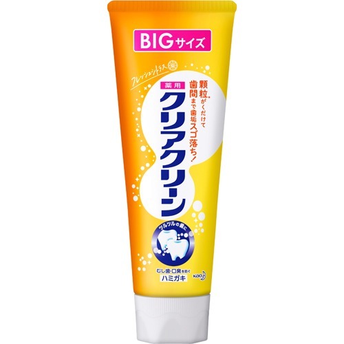 商品名：花王 クリアクリーン フレッシュシトラス BIGサイズ 170g内容量：170gJANコード：4901301381118発売元、製造元、輸入元又は販売元：花王原産国：日本区分：医薬部外品商品番号：103-4901301381118顆粒(清掃剤)がくだけて、ハブラシが届かない歯間の歯垢まで押し出し、歯垢スゴ落ち!すみずみまでツルツルの歯に。 フッ素配合・むし歯の発生と進行を防ぐ。 口中を浄化。口臭を防ぐ。 みずみずしいフレッシュシトラスの香味。 【ハミガキ】 【成分】 湿潤剤・ソルビット液 基剤・水 清掃剤・顆粒A、炭酸Ca 粘度調整剤・無水ケイ酸、CMC・Na 発泡剤・ラウリル硫酸塩 香味剤・香料(シトラスミントタイプ)、サッカリンNa pH調整剤・リン酸1Na、水酸化ナトリウム液 薬用成分・モノフルオロリン酸ナトリウム(フッ素) 着色剤・青1 【ご注意】 ●傷等がある時は使わない ●ハミガキが飛び散って目に入らないように気をつける。目を傷つけることがあるので、こすらずすぐに充分洗い流し、異常が残る場合は眼科医に相談する ●口中の異常、発疹やかゆみ、強い咳こみ等の症状が出たら使用を中止し医師に相談する 【その他】 ◎本品は顆粒入りですので、インプラントの方は、使用について歯科医にご相談ください。 【お問い合わせ先】 花王株式会社 生活者コミュニケーションセンター消費者相談室 〒131ー8501 東京都墨田区文花2ー1ー3 TEL・0120ー165ー696広告文責：アットライフ株式会社TEL 050-3196-1510 ※商品パッケージは変更の場合あり。メーカー欠品または完売の際、キャンセルをお願いすることがあります。ご了承ください。