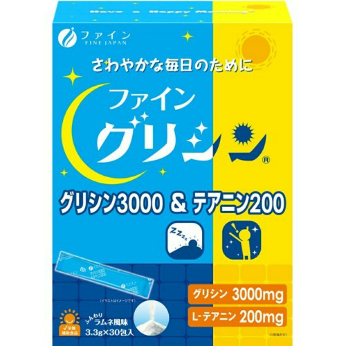 商品名：ファイン グリシン3000＆テアニン200 ラムネ風味 3.3g×30包入内容量：3.3g×30包入JANコード：4976652012134発売元、製造元、輸入元又は販売元：ファイン原産国：日本区分：その他健康食品商品番号：103-4976652012134●グリシン3000mg、テアニン200mg配合し、さわやかな毎日をサポートをします。●グリシンはゼラチンなどに多く含まれている甘みがあるアミノ酸で、テアニンはお茶の旨味や甘味に関与するアミノ酸。本品は2種類のアミノ酸を配合した栄養補助食品です。●現代人にオススメのサプリメントです。●ふんわりラムネ風味ですっきり飲みやすく、手軽に持ち歩きやすいスティックタイプ。●毎日忙しい日々を過ごしている方に。広告文責：アットライフ株式会社TEL 050-3196-1510 ※商品パッケージは変更の場合あり。メーカー欠品または完売の際、キャンセルをお願いすることがあります。ご了承ください。