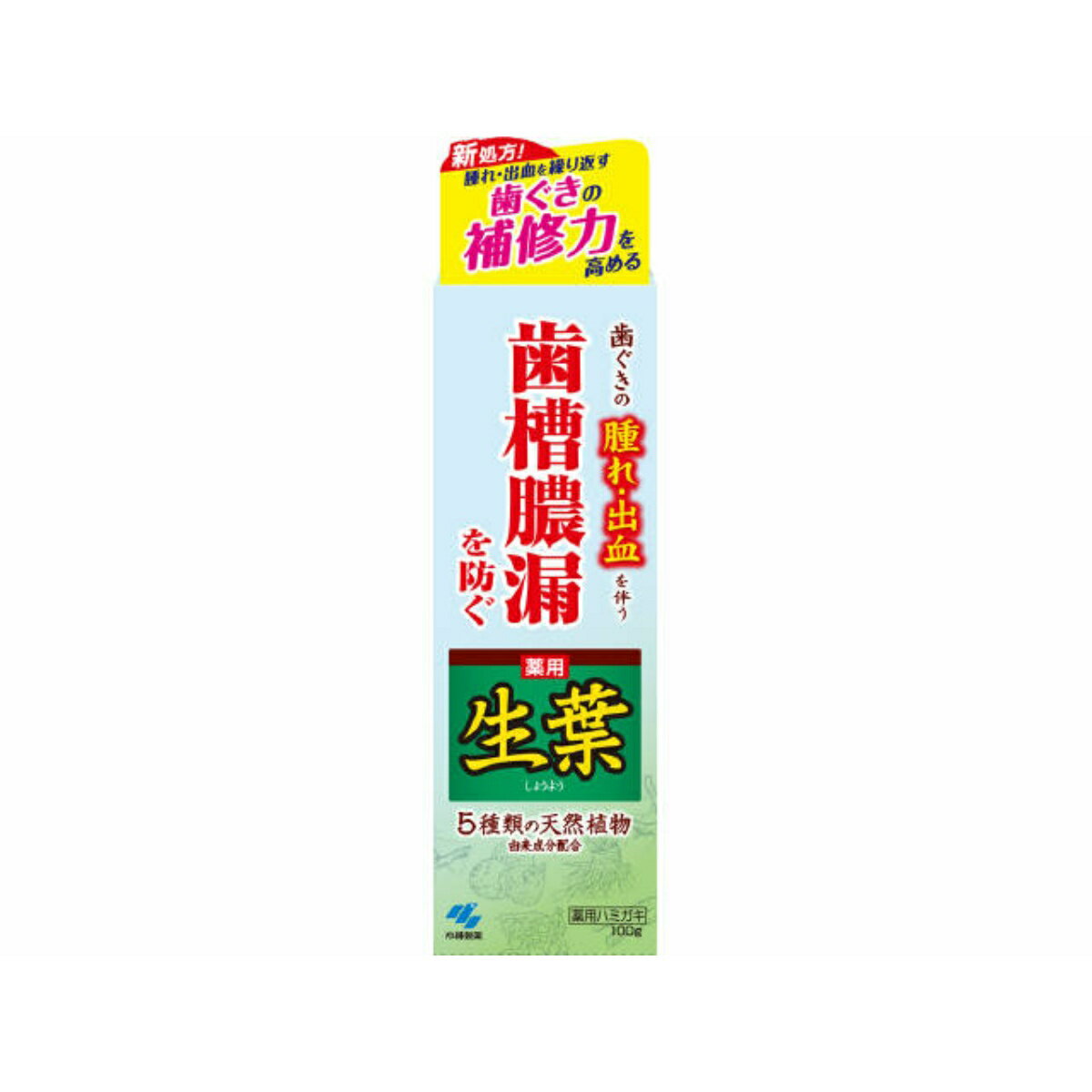 商品名：小林製薬 薬用 生葉 しょうよう b 100g 歯磨き粉内容量：100gJANコード：4987072008041発売元、製造元、輸入元又は販売元：小林製薬株式会社原産国：日本区分：医薬部外品商品番号：103-4987072008041商品説明ブランド：生葉歯ぐきの腫れ・出血を伴う、歯槽膿漏を防ぐ 5種類の天然植物由来成分配合の薬用ハミガキ5種類の天然植物由来成分を配合。歯肉炎、口臭を防ぐ。薬用成分■抗炎症作用：歯グキの炎症を抑えるグリチルリチン酸ジカリウム（甘草由来成分）■殺菌作用：お口を清潔にするヒノキチオール（ヒバ含有合成成分） さわやかなハーブミント味成分：湿潤剤　濃グリセリン、ソルビット液　　基剤　含水ケイ酸　　溶剤　精製水、エタノール　　研磨剤　ピロリン酸カルシウム　　増粘剤　無水ケイ酸　　可溶剤　ポリオキシエチレン硬化ヒマシ油　　安定剤　酸化チタン、エデト酸二ナトリウム、アラントイン　　矯味剤　塩化ナトリウム、トウキエキス（1）、シャクヤクエキス、乳酸アルミニウム　　発泡剤　N−ラウロイル−L−グルタミン酸ナトリウム　　粘結剤　カラギーナン　　香味剤　香料（ハーブミントタイプ）　　薬用成分　イプシロン−アミノカプロン酸、グリチルリチン酸ジカリウム、ヒノ問合せ先：小林製薬株式会社541-0045大阪市中央区道修町4-4-10お客様相談室0120-5884-05受付時間9：00-17：00（土日祝日を除く）広告文責：アットライフ株式会社TEL 050-3196-1510 ※商品パッケージは変更の場合あり。メーカー欠品または完売の際、キャンセルをお願いすることがあります。ご了承ください。