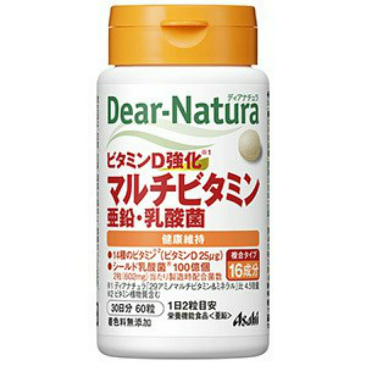 商品名：アサヒ ディアナチュラ ビタミンD 強化マルチビタミン 亜鉛 乳酸菌 30日分 60粒入内容量：60粒JANコード：4946842650088発売元、製造元、輸入元又は販売元：アサヒグループ食品原産国：日本区分：栄養機能食品商品番号...