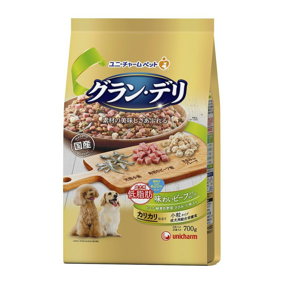 【送料込・まとめ買い×5個セット】ユニ・チャーム グラン・デリ カリカリ仕立て 成犬用 低脂肪 味わいビ ーフ入りセレクト 脂肪分約25% 700g
