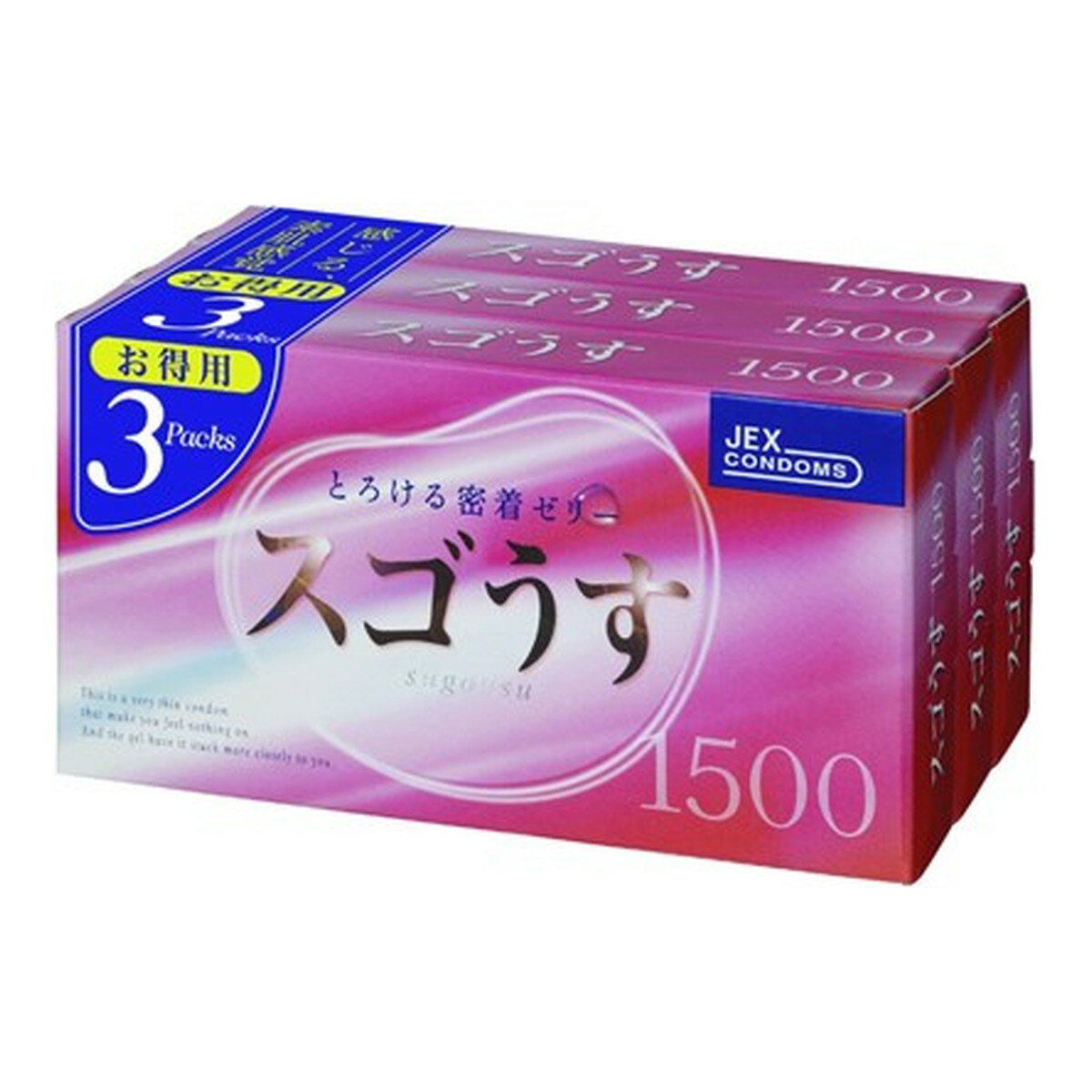 商品名：ジェクス スゴうす 1500 (12個入り)×3箱 コンドーム内容量：12個x3箱JANコード：4973210019246発売元、製造元、輸入元又は販売元：ジェクス原産国：日本区分：管理医療機器商品番号：103-4973210019246商品説明●先端密着ゼリーだから、空気が入らずスムーズな装着が可能です。●ピンクカラー●すぐれたフィット感のラテックス製●ダイヤ模様のこけしタイプ●ダブルゼリー加工広告文責：アットライフ株式会社TEL 050-3196-1510 ※商品パッケージは変更の場合あり。メーカー欠品または完売の際、キャンセルをお願いすることがあります。ご了承ください。