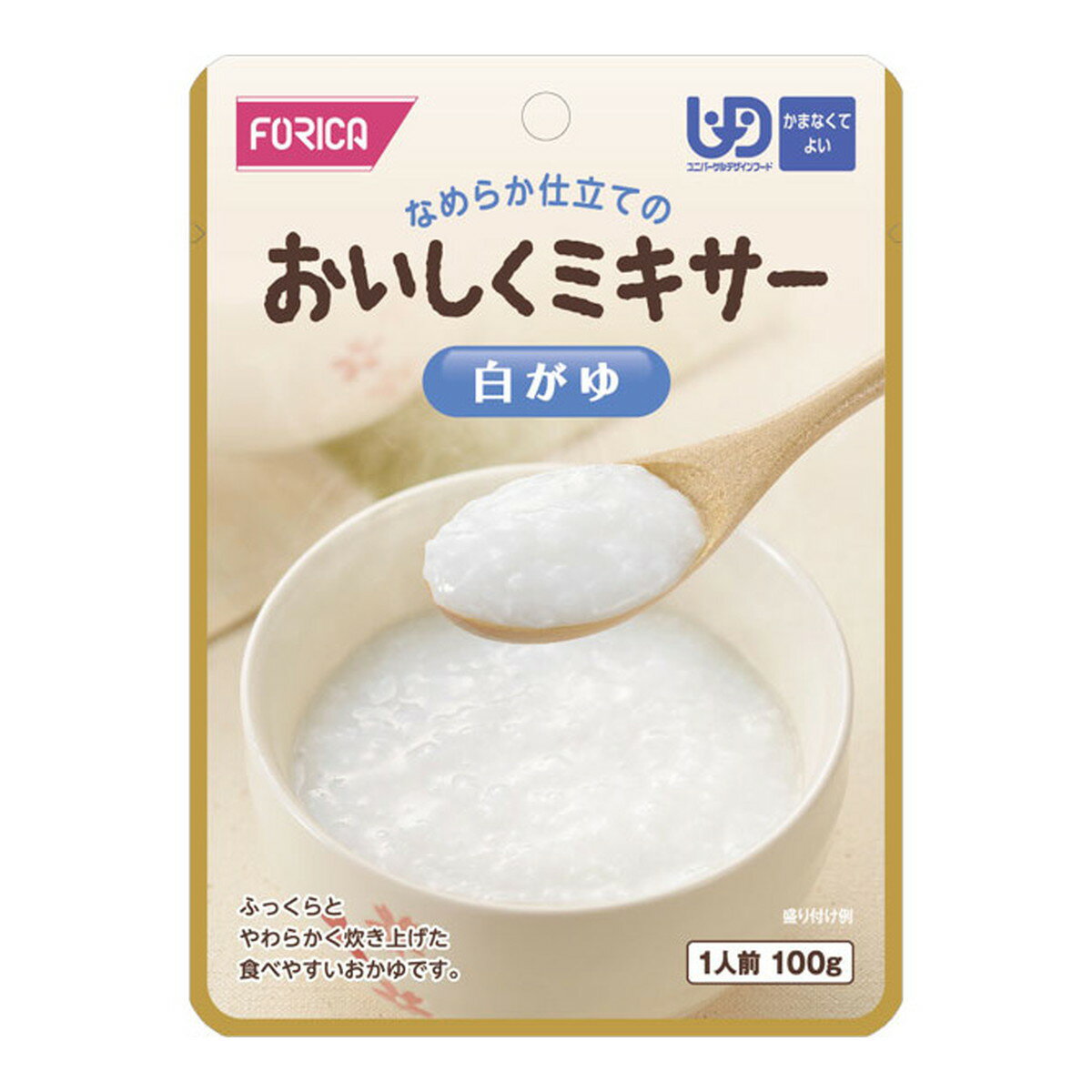 商品名：ホリカフーズ なめらか仕立ての おいしくミキサー 白がゆ 100g内容量：100gJANコード：4977113567569発売元、製造元、輸入元又は販売元：ホリカフーズ原産国：日本商品番号：103-4977113567569商品説明・調理しづらい素材を選び、ご家庭での食事をミキサーにかけました。・主食・主菜・副菜・箸休め・デザートの豊富な種類の組み合わせで様々なメニューをお楽しみいただけます。・食材の風味を大切にした、おいしいミキサー食です。・家庭では調理し難い（皮をむく、骨を取る、柔らかく煮る）素材を選びました。・ふっくらとやわらかく炊き上げた食べやすいおかゆです。・原材料／米（国内産）、食塩・栄養成分／（1袋当たり）エネルギー38kcal、たんぱく質0.8g、脂質0g、炭水化物8.8g、ナトリウム42mg、灰分0.1g、水分90.3g、食塩相当量0.1g・賞味期限／製造後2年・ユニバーサルデザインフード／かまなくてよい（区分4）・生産国／日本広告文責：アットライフ株式会社TEL 050-3196-1510 ※商品パッケージは変更の場合あり。メーカー欠品または完売の際、キャンセルをお願いすることがあります。ご了承ください。