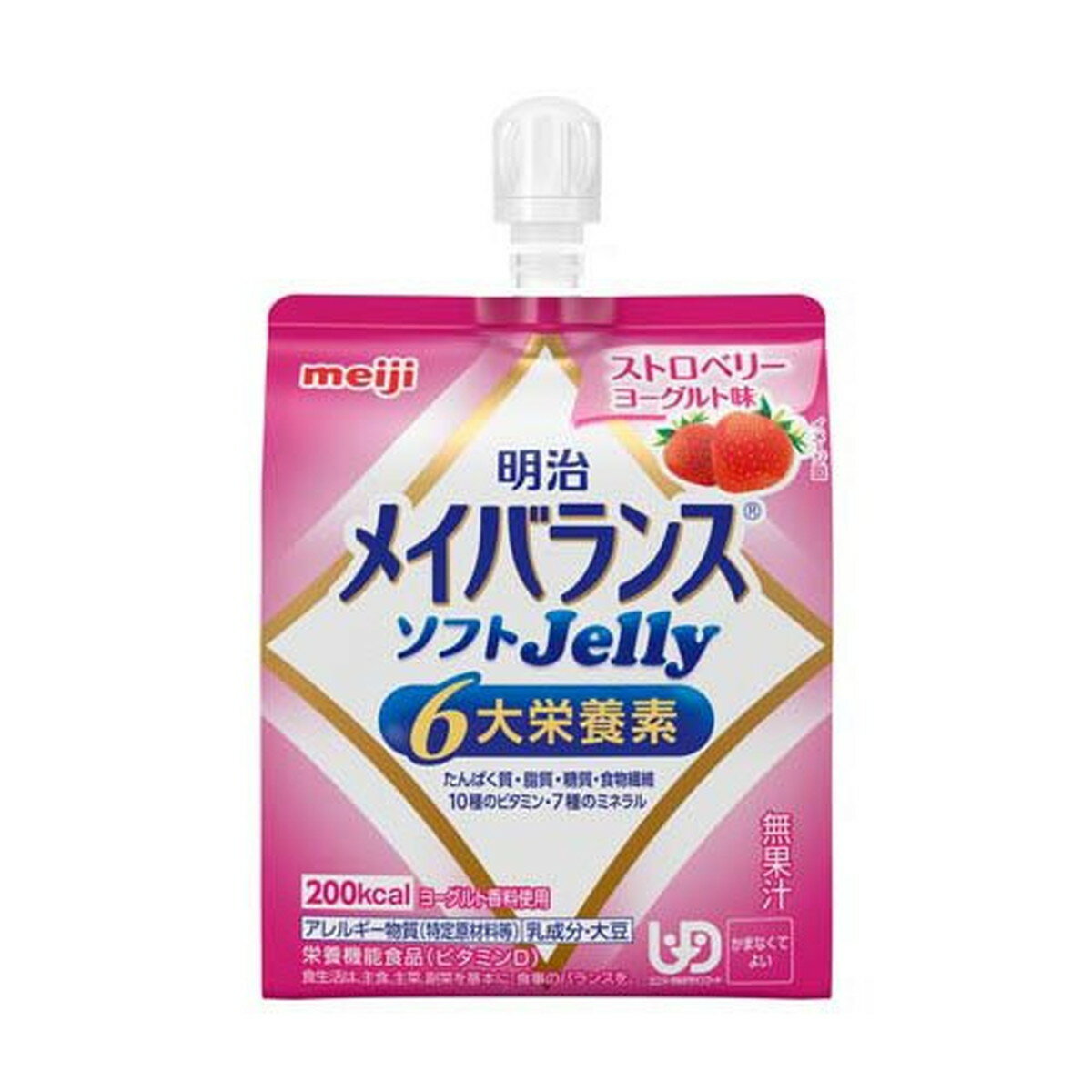 商品名：明治 メイバランス ソフトJelly ストロベリーヨーグルト味 125mL 栄養機能食品内容量：125mLJANコード：4902705096264発売元、製造元、輸入元又は販売元：明治原産国：日本区分：栄養機能食品商品番号：103-c006-4902705096264商品説明体に必要な6大栄養素（たんぱく質、脂質、糖質、食物繊維、10種のビタミン、7種のミネラル）を配合●体に必要な栄養をバランスよく配合した総合栄養組成1パック（125mL）あたり200kcal（1.6kcal／mL）、たんぱく質7.5g、ビタミン、ミネラル、食物繊維●ユニバーサルデザインフード（UDF）区分の「かまなくてよい」食品形態ソフトなとろみでまとまり感があるので、少ない力で摂取可能●吸いやすく押し出しやすいスパウト付きパウチ容器広告文責：アットライフ株式会社TEL 050-3196-1510 ※商品パッケージは変更の場合あり。メーカー欠品または完売の際、キャンセルをお願いすることがあります。ご了承ください。