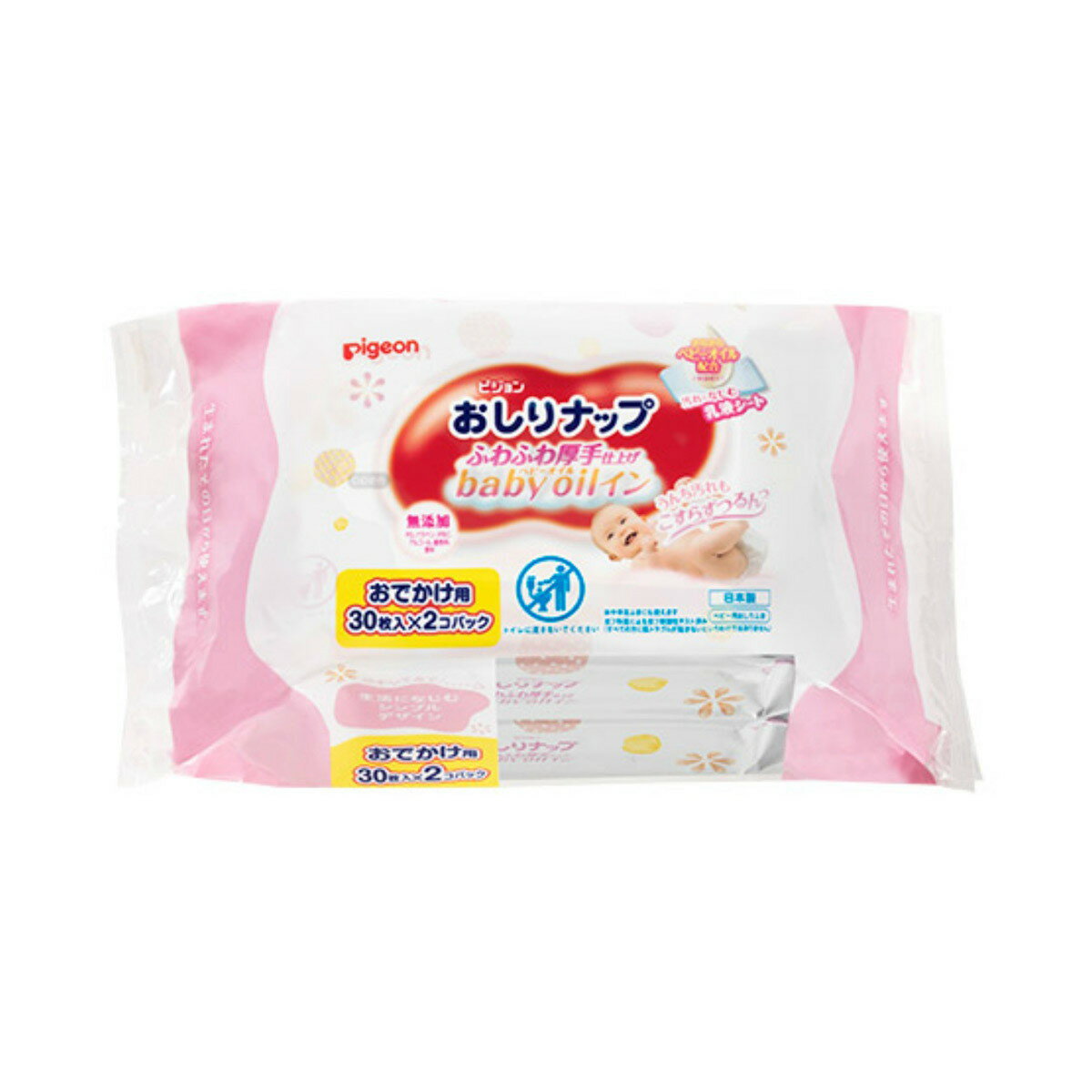 【送料込・まとめ買い×5個セット】ピジョン Pigeon おしりナップ 厚手 ベビーオイルイン おでかけ用 30枚入×2個パック おしりふき ウェットティッシュ