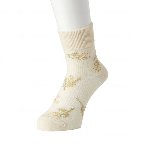 【送料込・まとめ買い×5個セット】岡本 はくらく のびーる綿ソックス 婦人用 ミモザ柄 アイボリー 21-25cm 靴下