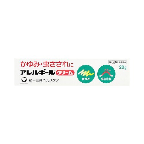 商品名：【第(2)類医薬品】アレルギールクリーム 20g内容量：20gJANコード：4987081018383発売元、製造元、輸入元又は販売元：第一三共ヘルスケア株式会社原産国：日本区分：指定第二類医薬品商品番号：103-4987081018383□□□　商品説明　□□□・即効性がある塩酸リドカインに加えて、かゆみを止めるクロルフェニラミンマレイン酸塩、赤みを取るプレドニゾロン酢酸エステルを配合しています。・患部のかきむしりなどによる化膿を予防するクロルヘキシジン塩酸塩を配合しています。・虫さされのみならず激しいかゆみや炎症を伴う皮膚病に効果があります。□□□　使用上の注意　□□□◆してはいけないこと（守らないと現在の症状が悪化したり、副作用が起こりやすくなります。）1．次の人は使用しないで下さい。　　本剤又は本剤の成分、クロルヘキシジンによりアレルギー症状を起こしたことがある人2．次の部位には使用しないで下さい。（1）水痘（水ぼうそう）、みずむし、たむし等又は化膿している患部（2）目の周囲、粘膜等3．顔面には、広範囲に使用しないで下さい。4．長期連用しないで下さい。◆相談すること1．次の人は使用前に医師、薬剤師または登録販売者に相談して下さい。（1）医師の治療を受けている人（2）妊婦又は妊娠していると思われる人（3）薬などによりアレルギー症状を起こしたことがある人（4）患部が広範囲の人（5）湿潤やただれのひどい人2．使用後、次の症状があらわれた場合は副作用の可能性がありますので、直ちに使用を中止し、この文書を持って医師、薬剤師または登録販売者に相談して下さい。＜関係部位：症状＞〔皮膚〕発疹・発赤、かゆみ、はれ〔皮膚（患部）〕みずむし・たむし等の白癬、にきび、化膿症状、持続的な刺激感まれに下記の重篤な症状が起こることがあります。その場合は直ちに医師の診療を受けて下さい。＜症状の名称；症状＞〔ショック（アナフィラキシー）〕使用後すぐに、皮膚のかゆみ、じんましん、声のかすれ、くしゃみ、のどのかゆみ、息苦しさ、動悸、意識の混濁等があらわれる。3．5〜6日間使用しても症状がよくならない場合は使用を中止し、この文書を持って医師、薬剤師又は登録販売者に相談して下さい。□□□　効能効果　□□□かゆみ、虫さされ、あせも、じんましん、かぶれ、しもやけ、かみそりまけ、湿疹、皮膚炎□□□　用法・用量　□□□1日1〜数回、適量を患部に塗布して下さい。＜使用法に関連する注意＞（1）使用法を厳守して下さい。（2）小児に使用させる場合には、保護者の指導監督のもとに使用させて下さい。（3）目に入らないように注意して下さい。なお、症状が重い場合には、眼科医の診療を受けて下さい。（4）外用にのみ使用して下さい。 □□□　成分・分量　□□□本剤は、特異な芳香があるほとんど白色の製剤で、100g中に次の成分を含有しています。塩酸リドカイン：3g、クロルフェニラミンマレイン酸塩：1g、プレドニゾロン酢酸エステル：0.125g、クロルヘキシジン塩酸塩：0.2g、サリチル酸メチル：2g、l-メントール：0.5g、d-カンフル：0.5g添加物として流動パラフィン、ミリスチン酸イソプロピル、ステアリン酸、セタノール、グリセリン脂肪酸エステル、ステアリン酸ポリオキシル、パラベン、プロピレングリコール、エデト酸Naを含有します。□□□　保管および取扱い上の注意　□□□（1）直射日光のあたらない湿気の少ない涼しいところに保管して下さい。（2）小児の手の届かないところに保管して下さい。（3）他の容器に入れ替えないで下さい。（誤用の原因になったり品質が変わります）（4）表示の使用期限を過ぎた製品は使用しないで下さい。□□□　お問い合わせ　□□□第一三共ヘルスケア（株）　お客様相談室TEL：0120-337-336受付時間：11時&#12316;15時（土、日、祝日、当社休日を除く）医薬品販売に関する記載事項文責：アットライフ株式会社　登録販売者 尾籠 憲一