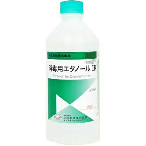 商品名：【第3類医薬品】消毒用エタノールIK 一般 500ml内容量：500mlJANコード：4987371143146発売元、製造元、輸入元又は販売元：小堺製薬原産国：日本区分：第三類医薬品商品番号：103-4987371143146□□□　商品説明　□□□創傷面の殺菌・消毒にお使いください。ニスを溶かすので使用場所に注意してください。□□□　使用上の注意　□□□◆してはいけないこと（守らないと現在の症状が悪化したり副作用が起こりやすくなります。）1．局所刺激作用があるため、塗擦又は清拭するだけにとどめ、ガーゼ、脱脂綿等に浸して貼付しないでください。2．次の部位には使用しないでください。　 （1）損傷のある皮膚　 （2）目の周囲、粘膜等 ◆相談すること 1．次の人は使用前に医師、薬剤師又は登録販売者に相談してください。　（1）医師の治療を受けている人　（2）薬などによりアレルギー症状を起こしたことがある人2．使用後、次の症状があらわれた場合は副作用の可能性があるので、直ちに使用を中止し、この説明文書を持って医師、薬剤師又は登録販売者に相談してください。＜関係部位：症状＞〔皮ふ〕発疹・発赤、かゆみ使用期限120日以上の商品を販売しております□□□　効果・効能　□□□手指・皮膚の殺菌・消毒□□□　用法・用量　□□□塗擦またはガーゼ、脱脂綿等に浸して清拭する。＜用法・容量に関する注意＞（1）小児に使用させる場合には、保護者の指導監督のもと使用させてください。（2）目に入らないように注意してください。万一、目に入った場合には、すぐに水又はぬるま湯で洗い流してください。なお、症状が重い場合には、直ちに眼科医の診療を受けてください。（3）外用にのみ使用し、内服しないでください。（4）定められた用法を厳守してください。（5）同一部位にくり返し使用した場合には、脱脂等による皮膚あれを起こすことがありますので注意してください。（6）長期間または広範囲に使用する場合には、蒸気の吸入に注意してください。□□□　成分・分量　□□□本品100mL中、日本薬局方 エタノール83mLを含有します。添加物としてイソプロパノールを含有します。□□□　保管および取扱い上の注意　□□□（1）直射日光及び火気を避け、涼しい所に密栓して保管してください。（2）小児の手の届かない所に保管してください。（3）他の容器に入れかえないでください。（誤用の原因になったり品質が変わるおそれがあります。）（4）使用時は特に火気に注意し、ストーブ、コンロ等、火気の近くで使用しないでください。（5）変質、変色を起こすおそれがあるので、適用箇所以外に本液が付着しないように注意してください。（6）使用期限が過ぎた製品は使用しないでください。□□□　お問い合わせ先　□□□お問合せ：小堺製薬(株)　お客様相談窓口TEL：03-3631-1495受付時間：9時〜17時（土、日、祝日を除く）文責：アットライフ株式会社　登録販売者 尾籠 憲一広告文責：アットライフ株式会社TEL：050-3196-1510医薬品販売に関する記載事項第3類医薬品広告文責：アットライフ株式会社TEL 050-3196-1510 ※商品パッケージは変更の場合あり。メーカー欠品または完売の際、キャンセルをお願いすることがあります。ご了承ください。