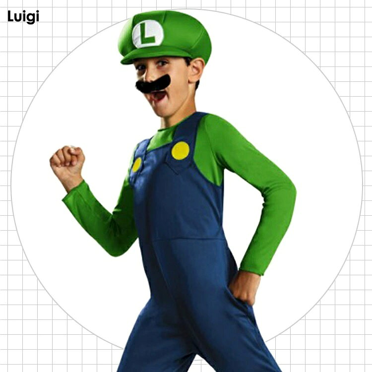 Mario Classic スーパーマリオ コスチューム ルイージ 幼児向け ジャンプスーツ・帽子・口ひげシール キッズ ハロウィン コスプレ 人気 2
