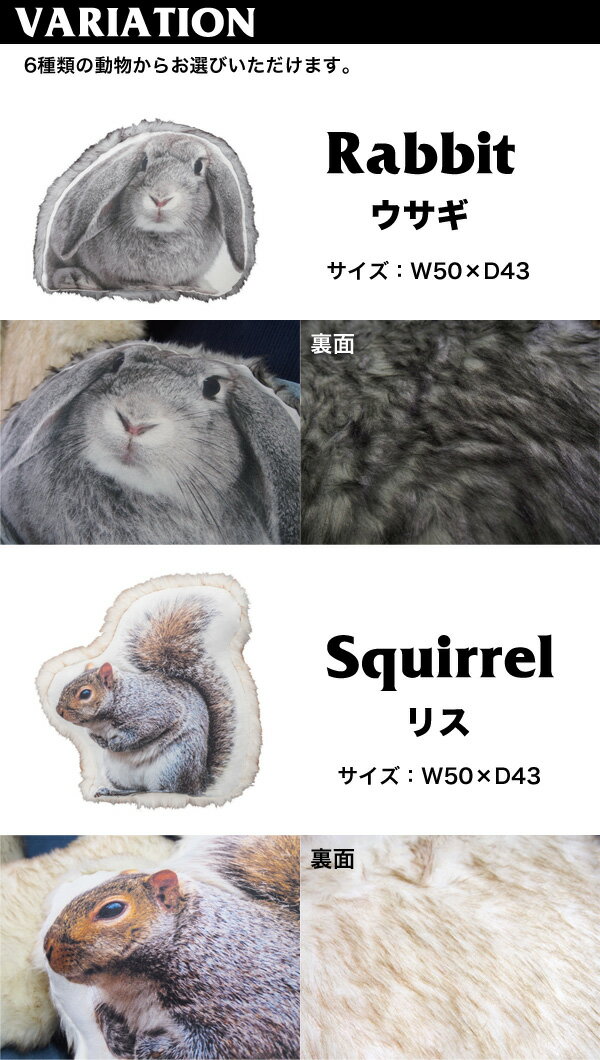 楽天市場 送料無料 一年保証クッション 動物柄 リアル かわいい お洒落 ウサギ リス ネコ ヒツジ シロクマ オオカミ 選べる6タイプ Azspシリーズ アニマル柄クッション ポケてりあ