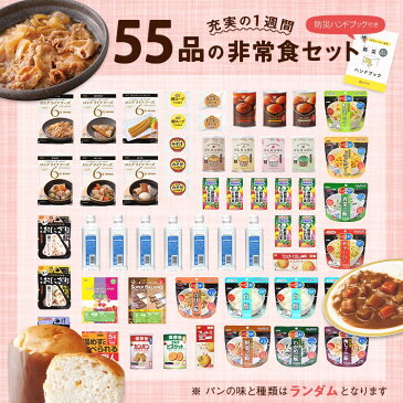 【防災士監修】充実の1週間 55品の保存食セット 防災ハンドブック付き【納期90〜120日】【ごはん おかず パン 野菜ジュース おやつ カレー ハンバーグ 味噌汁 スープ 保存水 充実1週間保存食セット 防災グッズ 防災セット】