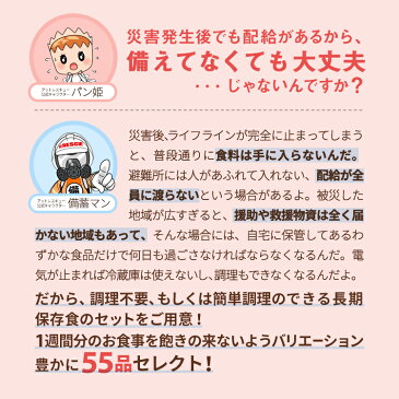 【防災士監修】充実の1週間 55品の保存食セット 防災ハンドブック付き【納期90〜120日】【ごはん おかず パン 野菜ジュース おやつ カレー ハンバーグ 味噌汁 スープ 保存水 充実1週間保存食セット 防災グッズ 防災セット】