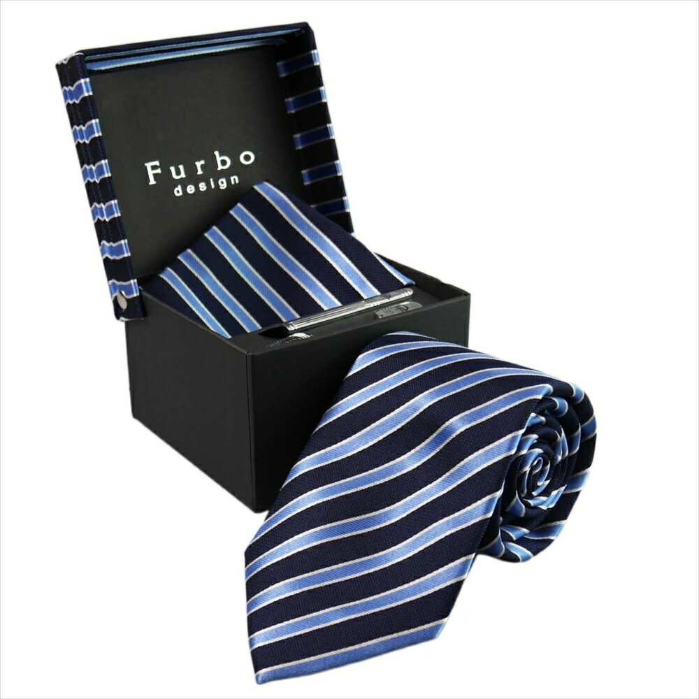 Furbo フルボ　ネクタイ タイバー カフス チーフ 4点セット 約8.5cm ネイビー系 21078501color6-733482-408