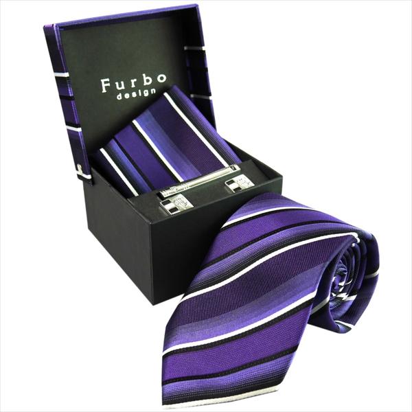 Furbo フルボ ネクタイ タイバー カフス チーフ 4点セット 約8.5cm ストライプ柄 パープル系 8001054color5-732873-422