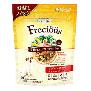 商品名 ユニ・チャーム グラン・デリ フレシャス アダルト成犬用　チキン＆ビーフ入り　200g　4520699615157※メーカー都合によりパッケージ、デザインが変更となる場合がございます 商品説明 できたて鮮度の香りと素材の美味しさが実感できる国産プレミアムドッグフードです 遠赤外線で焼き上げた粒とフリーズドライの素材を無酸素包装することで、いつでも美味しくワンちゃんが喜びます 成犬向けの栄養バランスで、愛犬が大好きなチキン＆ビーフ入りです 原材料 穀類(トウモロコシ、小麦粉、パン粉、コーングルテンミール)、肉類(チキンミール、チキンエキス、乾燥ささみ加工品、ビーフミール、ポークミール、ビーフ)、魚介類(フィッシュミール、フィッシュエキス、まぐろミール、かつお節)、動物性油脂、豆類(大豆、大豆エキス)、野菜類(ビートパルプ、乾燥にんじん、乾燥ブロッコリー、乾燥かぼちゃ、ほうれんそうパウダー)、セルロースパウダー、ビール酵母、ミネラル類(カルシウム、塩素、コバルト、銅、鉄、ヨウ素、カリウム、マンガン、ナトリウム、リン、亜鉛)、ビタミン類(A、B1、B2、B6、B12、C、D、E、K、コリン、ナイアシン、パントテン酸、ビオチン、葉酸)、調味料、アミノ酸類(タウリン)、酸化防止剤(ミックストコフェロール、ハーブエキス) JAN 4520699615157 メーカー名 ユニ・チャーム 生産国 日本
