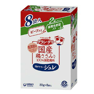 商品名 ユニ・チャーム グラン・デリ　国産鶏ささみパウチ　ジュレ　成犬用8袋パック　ビーフ入り＆緑黄色野菜入り　80gx8袋 4520699611449 ※メーカー都合によりパッケージ、デザインが変更となる場合がございます 商品説明 ●100％国産の良質な鶏肉を調理 ●美味しい鶏ささみ入りレトルトパウチ ●愛犬が大好きなほぐし仕立てのゼリータイプ ●美味しい低脂肪パウチ。 ●ビーフ入りと野菜入りがそれぞれ4袋ずつ入った、嬉しいアソート8袋パック 原材料 ビーフ入り　4袋、野菜入り　4袋 ビーフ入り 肉類(鶏胸肉、ビーフ、ささみ)、野菜類(ニンジン、グリーンピース、スイートコーン)、しょうゆ、増粘多糖類、塩化カリウム、酸化防止剤(EDTA-Ca・Na) 野菜入り 肉類(鶏胸肉、ささみ)、野菜類(ニンジン、グリーンピース、スイートコーン)、しょうゆ、ショ糖、寒天、増粘多糖類、乳酸カルシウム、酸化防止剤(EDTA-Ca・Na) JAN 4520699611449 メーカー名 ユニ・チャーム 生産国 日本
