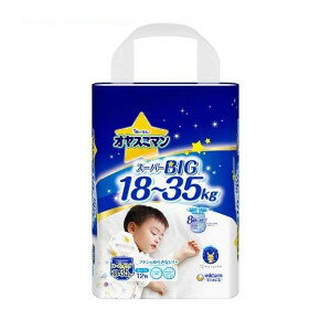 商品名 　ユニ・チャーム　オヤスミマン男の子　スーパービッグ12枚【オヤスミマン】 商品説明 【オヤスミマン 男の子 スーパービッグ 18〜35kg 紙おむつ パンツの商品詳細】 ●オヤスミマンはおしっこ8回分の吸収力で、朝までモレ0へ！オヤスミマンビッグ以上サイズよりも一回り大きい設計。 ●やわらかタッチギャザーで寝返りしてもゴム跡がつきにくい。 ●ポケモンデザイン搭載。 原材料 表面材：ポリオレフィン・ポリエステル不織布 吸水材：綿状パルプ、吸水紙、高分子吸水材 防水材：ポリオレフィンフィルム 止着剤：ポリオレフィン 伸縮材：ポリウレタン 結合材：スチレン系エラストマー合成樹脂(外装材)ポリエチレン 【注意事項】 ・汚れた紙おむつは早くとりかえてください。 ・テープは直接お肌につけないでください。 ・誤って口に入れたり、のどにつまらせることのないよう、保管場所に注意し、使用後はすぐに処理してください。 ・開封後は、ほこりや虫が入らないよう、衛生的に保管してください。 JAN 4903111224722 メーカー名 ユニ・チャーム 生産国 タイ