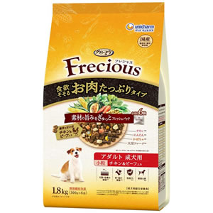 商品名 ユニ・チャーム　グラン・デリ フレシャス Frecious アダルト成犬用 食欲そそるお肉たっぷりタイプ チキン&ビーフ入り 小粒 900g 商品説明 食欲そそるお肉たっぷり＊タイプ 濃厚な旨み粒 チキン&ビーフ入り ＊Freciousアダルト成犬用比 約120% 厳選したチキンとビーフの旨みを粒の隅々までしみ込ませた粒 チキン＊をトッピング 素材の旨味がぎゅ～っと濃縮されたチキンをトッピング 鶏ささみ・鶏むね肉・鶏レバー・鶏ハツの4種を一つに凝縮しました ＊フリーズドライ 中粒 中型犬や大きめの小型犬のワンちゃんが食べやすい粒サイズに配慮 サイズ約2倍＊ ＊食欲そそるお肉たっぷりタイプ　アダルト成犬用小粒比 野菜とお肉の素材の旨みをぎゅっと フレッシュパック 野菜とお肉の旨みをぎゅーっとしたフリーズドライ・エアドライを使用 大豆フレーク(粒状大豆たんぱく) にんじん(エアドライ) かぼちゃ(フリーズドライ) ●お肉の旨みをぎゅっとフレッシュパックした国産プレミアムドッグフードです。 ●食欲そそるお肉たっぷり設計＊（チキンとビーフの濃厚な旨み粒、フリーズドライのチキンをトッピング）。 ●ドライ粒とフリーズドライ・エアドライの素材を、酸化を防ぐ鮮度維持包装をすることで、いつでも美味しくワンちゃんが喜びます。 ●愛犬が大好きなチキン＆ビーフ入り。小粒設計。 ＊グラン・デリFreciousアダルト成犬用比約120％ 原材料 穀類（小麦粉、トウモロコシ、パン粉、コーングルテンミール）、肉類（チキンミール、チキンエキス、チキンフリーズドライ（鶏ささみ、鶏むね肉、鶏レバー、鶏ハツ）、ビーフ、ポークミール、ビーフミール）、牛脂、豆類（大豆、大豆たんぱく、大豆エキス）、魚介類（フィッシュミール、フィッシュエキス）、野菜類（ビートパルプ（食物繊維源）、乾燥にんじん、乾燥かぼちゃ、ほうれんそうパウダー）、チーズパウダー、セルロースパウダー、ミネラル類（カルシウム、塩素、銅、鉄、ヨウ素、カリウム、ナトリウム、リン、セレン、亜鉛）、ビタミン類（A、B1、B2、B6、B12、D、E、K、コリン、パントテン酸、葉酸）、酸化防止剤（ミックストコフェ 内容量 900g 原産国 日本 JAN 4520699170625 メーカー ユニ・チャーム