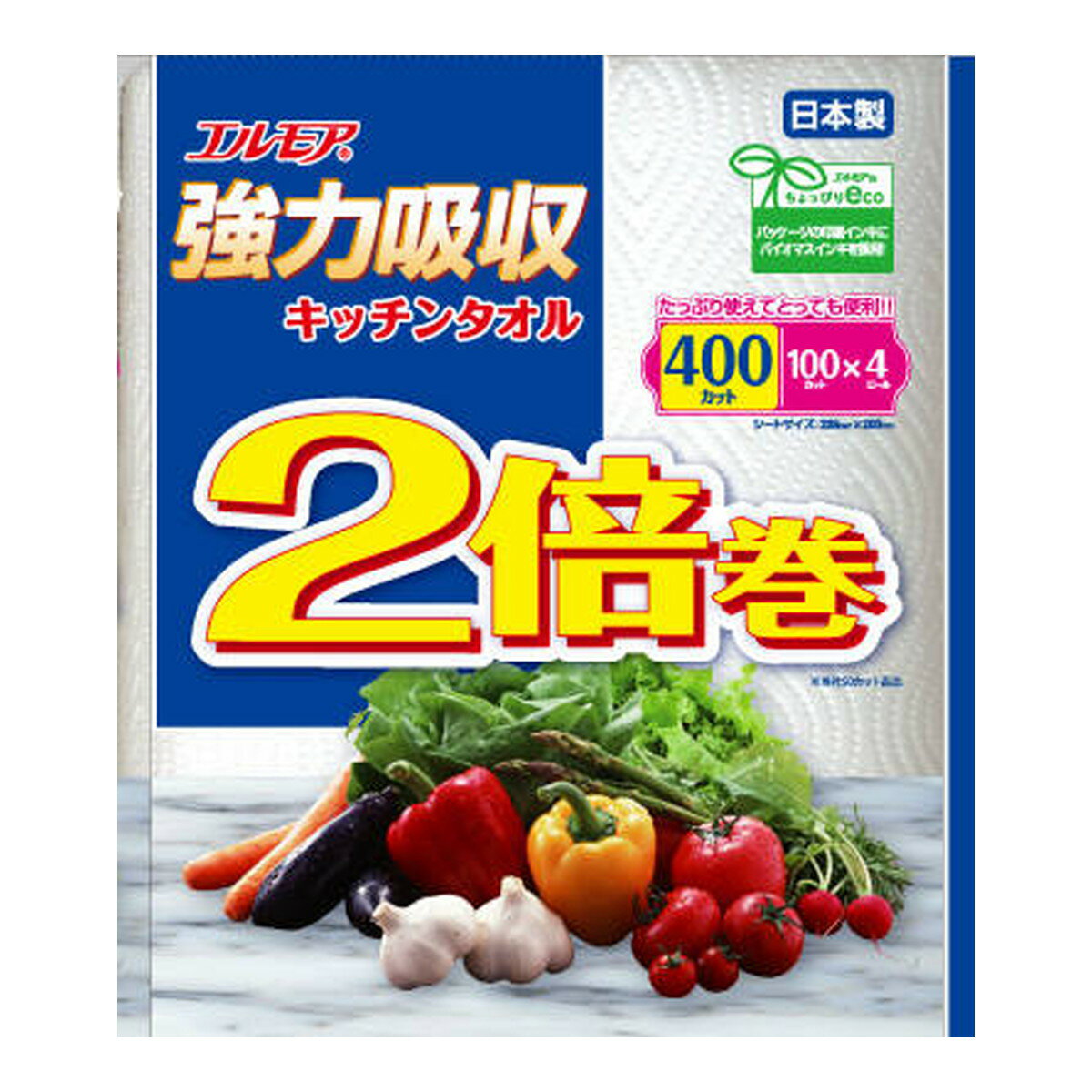 楽天日用品＆生活雑貨の店「カットコ」【送料込・まとめ買い×12個セット】カミ商事 エルモア 強力吸収 キッチンタオル 2倍巻 4ロール入り 2枚重ね