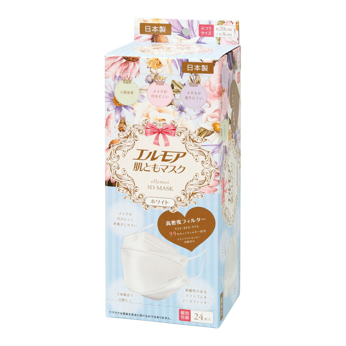 【送料込・まとめ買い×12個セット】カミ商事 エルモア 肌ともマスク Flower ホワイト 24枚入