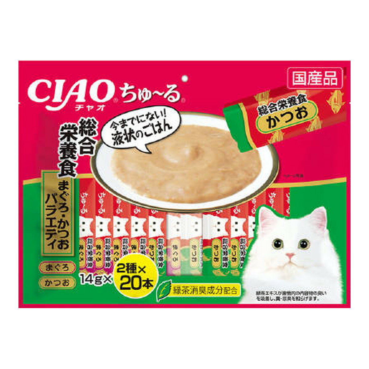 商品名：いなばペットフード チャオ CIAO ちゅーる 総合栄養食 まぐろ かつお バラエティ 14g×40本入 キャットフード内容量：14g×40本JANコード：4901133719462発売元、製造元、輸入元又は販売元：いなばペットフード原産国：日本商品番号：101-4901133719462商品説明●食べきりサイズの液状総合栄養食●猫ちゃんに必要な栄養素をバランスよく配合しました●2種類のバラエティパック広告文責：アットライフ株式会社TEL 050-3196-1510 ※商品パッケージは変更の場合あり。メーカー欠品または完売の際、キャンセルをお願いすることがあります。ご了承ください。