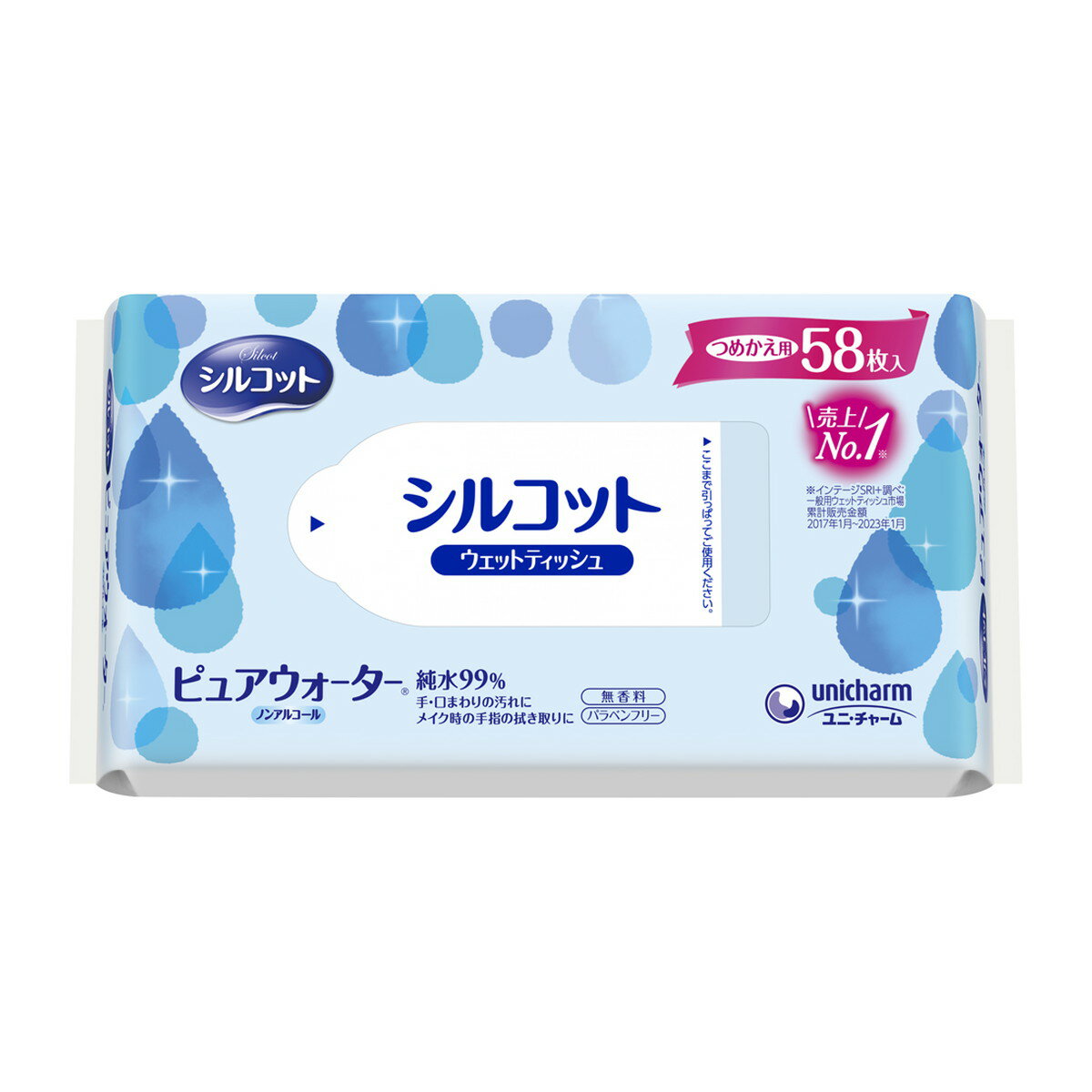 【送料込】ユニ・チャーム シルコット ピュアウォーター ウェットティッシュ つめかえ用 58枚入 1個