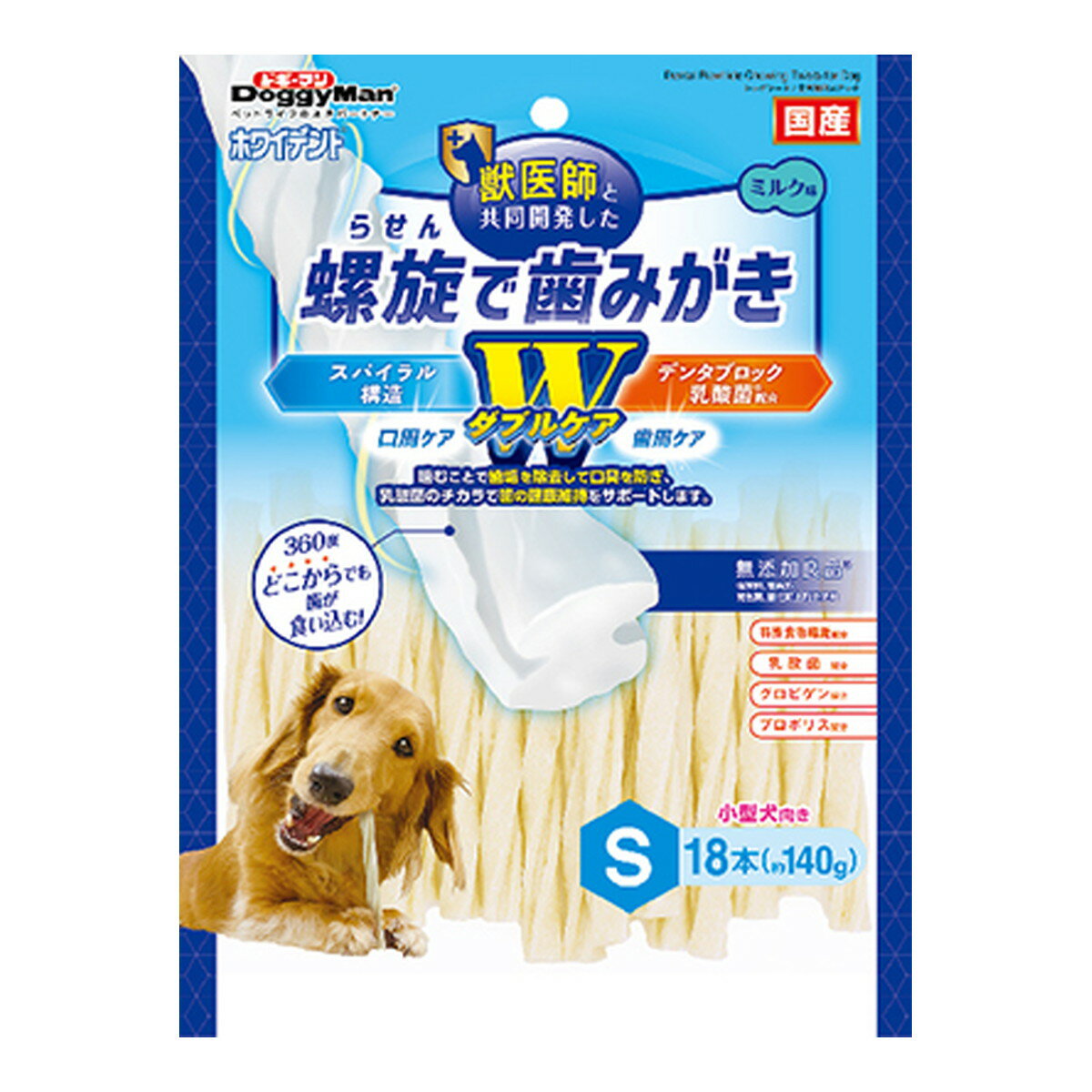 商品名：ドギーマン ホワイデント 螺旋で歯みがき Wケア S 18本 ドッグフード内容量：18本JANコード：4976555825244発売元、製造元、輸入元又は販売元：ドギーマン商品番号：101-4976555825244商品説明●獣医師と共同開発。●歯が食込む螺旋形状と乳酸菌でお口をケアする歯磨きガム。●しっかり長く噛め、しっかり歯が食込み歯垢を除去する螺旋形状。●口腔内の健康を維持する乳酸菌配合。●歯垢を絡めとる特殊食物繊維、歯周の健康を維持するグロビゲン、乳酸菌、プロポリス配合。●ほんのり甘いミルクの香り。●小型犬向きSサイズ。●保存料、着色料、発色剤、酸化防止剤不使用の無添加良品。広告文責：アットライフ株式会社TEL 050-3196-1510 ※商品パッケージは変更の場合あり。メーカー欠品または完売の際、キャンセルをお願いすることがあります。ご了承ください。