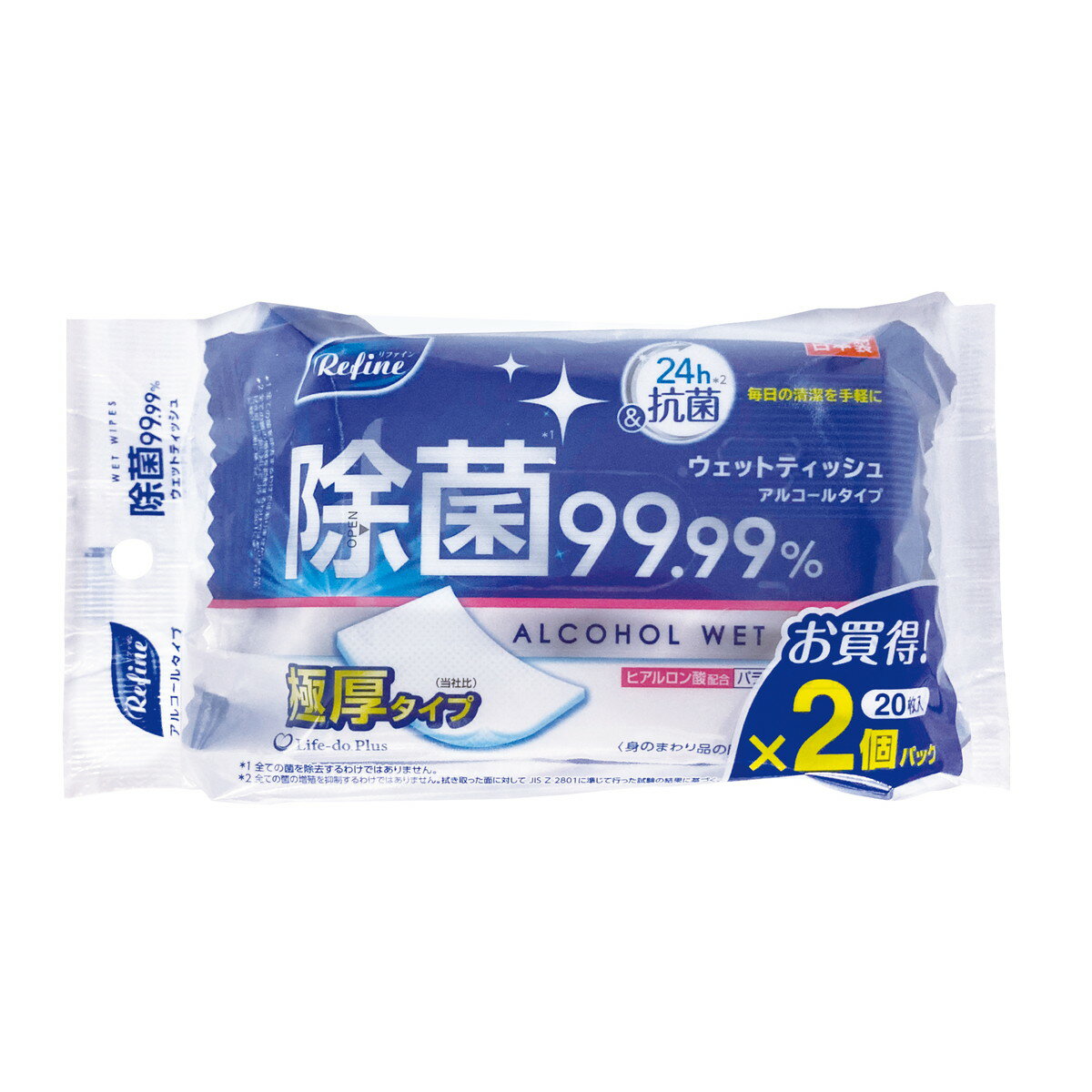【送料込・まとめ買い×30個セット】Life-do.Plus 極厚 アルコール除菌 ウェットティッシュ 20枚入り×2..