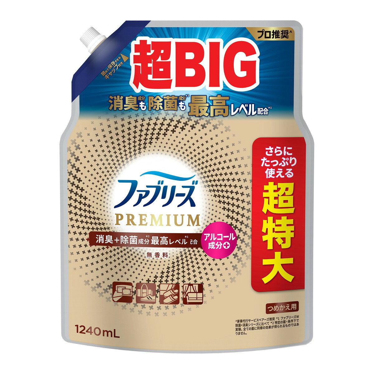 【送料込・まとめ買い×6個セット】P&G ファブリーズ W除菌 + 消臭 プレミアム 無香料 つめかえ用 超BIG 1240mL 衣類・布製品消臭剤