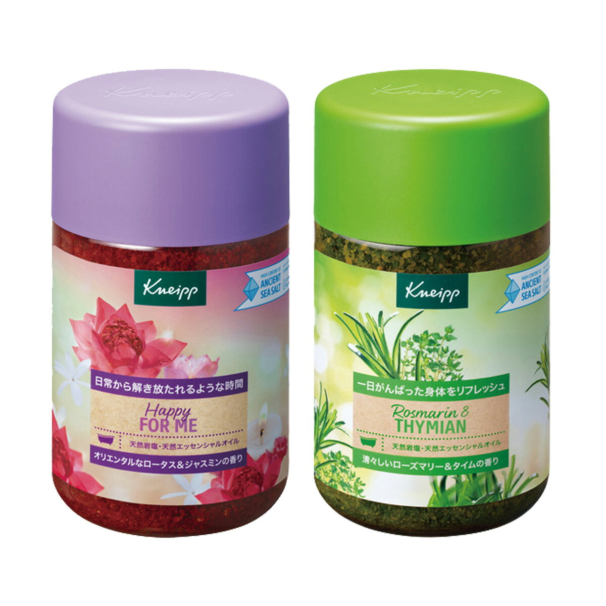 セット内容・クナイプ Kneipp バスソルト ハッピーフォーミー ロータス & ジャスミンの香り 850g 入浴剤・クナイプ Kneipp バスソルト ローズマリー & タイムの香り 850g 入浴剤上記、2点セットです。--------------------------商品名：クナイプ Kneipp バスソルト ハッピーフォーミー ロータス & ジャスミンの香り 850g 入浴剤内容量：850gJANコード：4580294850902発売元、製造元、輸入元又は販売元：クナイプジャパン原産国：ドイツ区分：化粧品商品説明●天然岩塩に、ロータス（ハス）とジャスミンの植物エキスを配合したバスソルト。●オリエンタルで上品な花々の香りで、ゆったりと穏やかな時間が流れるリゾート気分のバスタイムを。--------------------------商品名：クナイプ Kneipp バスソルト ローズマリー & タイムの香り 850g 入浴剤内容量：850gJANコード：4580294850926発売元、製造元、輸入元又は販売元：クナイプジャパン原産国：ドイツ区分：化粧品商品説明●ローズマリーとタイムから抽出した天然植物成分を配合。●ローズマリーの清涼感あふれる爽やかな香りは、気分をリフレッシュさせてくれます。また、タイムの香りは甘さとほんのり辛さのある香りです。●爽やかで清々しい香りに包まれながら、がんばった一日の終わりにリフレッシュバスタイムを。●植物由来成分(植物オイル・植物エキス)を使用。●防腐剤(パラベン)不使用。●パラフィン、シリコン、鉱物油(ミネラルオイル)不使用。●ドイツ大学病院で皮膚への適合性テストを実施しています。※全ての方にアレルギーが起こらないということではありません。--------------------------広告文責：アットライフ株式会社TEL 050-3196-1510 ※商品パッケージは変更の場合あり。メーカー欠品または完売の際、キャンセルをお願いすることがあります。ご了承ください。