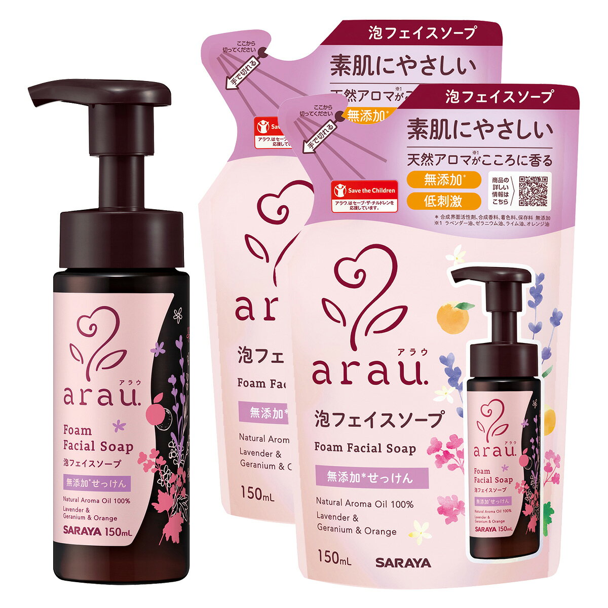 セット内容・アラウ 泡フェイスソープ 本体 150mL・アラウ 泡フェイスソープ 詰替用 150mL　×2個上記、3点のセットです。--------------------------商品名：サラヤ アラウ 泡フェイスソープ 本体 150ml内容量：150mlJANコード：4973512238581発売元、製造元、輸入元又は販売元：サラヤ原産国：日本区分：化粧品商品説明無添加・低刺激処方の泡洗顔料。天然精油100％の香り。使用方法適量の泡でやさしく洗い、十分にすすぐ。--------------------------商品名：サラヤ アラウ 泡フェイスソープ 詰替用 150ml内容量：150mlJANコード：4973512238598発売元、製造元、輸入元又は販売元：サラヤ原産国：日本区分：化粧品商品説明無添加・低刺激処方の泡洗顔料。天然精油100％の香り。詰替用。使用方法適量の泡でやさしく洗い、十分にすすぐ。--------------------------広告文責：アットライフ株式会社TEL 050-3196-1510 ※商品パッケージは変更の場合あり。メーカー欠品または完売の際、キャンセルをお願いすることがあります。ご了承ください。