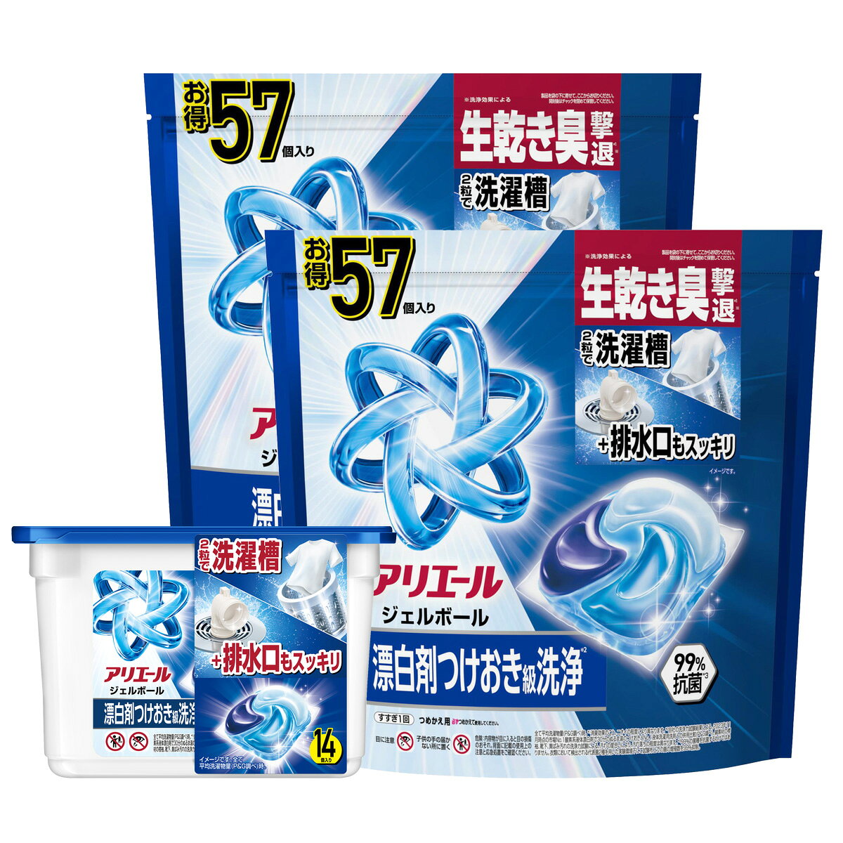 セット内容・P&G アリエール ジェルボール プロ 本体 14個入・P&G アリエール ジェルボール プロ 詰替え メガジャンボサイズ 57個入 　×2個上記、3点セットです。--------------------------商品名：P&G アリエール ジェルボールプロ 詰替え メガジャンボサイズ 57個入 洗濯用洗剤内容量：57個JANコード：4987176284839発売元、製造元、輸入元又は販売元：P&Gジャパン合同会社原産国：日本商品説明●新アリエールジェルボールプロは4層中の1層に含まれる3つの界面活性剤のうち1種類を大幅にグレードアップすることで、圧倒的な洗浄力を実現！●化繊汚れ・ニオイブロックポリマーを配合することで、お洗濯環境が目まぐるしくかわる中で化繊への汚れをつきにくく、はがしやすくする新成分を配合。--------------------------商品名：P&G アリエール ジェルボール プロ 本体 14個入り内容量：14個JANコード：4987176369734発売元、製造元、輸入元又は販売元：P&Gジャパン原産国：日本商品説明2粒使いで「洗濯槽のみならず、フィルター・排水口まで」洗濯機まるごと消臭！ジェルボールには汚れ戻り防止成分が多く処方されており、落とした汚れをしっかりキープすることができることにより、洗濯機まるごと消臭を実現します！さらに、今回消臭成分を15％（1粒当たり）　UPし、　90％以上の消費者方に“洗濯機まるごとスッキリ消臭された”と実感していただきました！--------------------------広告文責：アットライフ株式会社TEL 050-3196-1510 ※商品パッケージは変更の場合あり。メーカー欠品または完売の際、キャンセルをお願いすることがあります。ご了承ください。