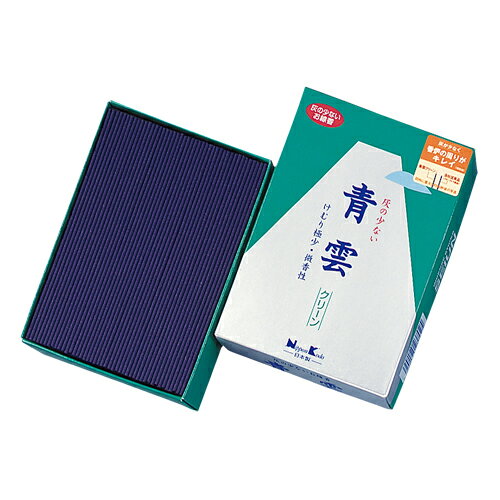 商品詳細【けむりの量：ほとんどない】“富士山に青い雲”のパッケージで広く親しまれているお線香「青雲」です。半世紀以上にわたって愛され続けるロングセラーブランドです。「青雲クリーン」は、これまでにない機能開発の、「燃焼時に出る灰が少ない」お線香です。わずかな灰も気付きにくいほどの少なさで、けむりも極めて少なく香りもうすくなっています。やさしくやわらかなフローラルグリーンの香りが、心静かに伝わります。お仏壇周りをきれいにお使いいただける「青雲クリーン」は、日々その良さが実感できる、これからの時代の新機能お線香です。特徴左写真：青雲クリーン　　　右写真：当社従来品写真のように灰が少ないため、香炉の周りを汚しにくいお線香です。SPEC商品サイズ：高さ156mm×幅109mm×奥行43mm箱含む重量：約290g内容量：約220g燃焼時間：約25分(立てた場合)セット内容(成分)：　タブ粉、香料★お取り寄せになるため、発送にお時間を頂いております。発売元：株式会社日本香堂広告文責：アットライフ株式会社TEL 050-3196-1510※商品パッケージは変更の場合あり。メーカー欠品または完売の際、キャンセルをお願いすることがあります。ご了承ください。