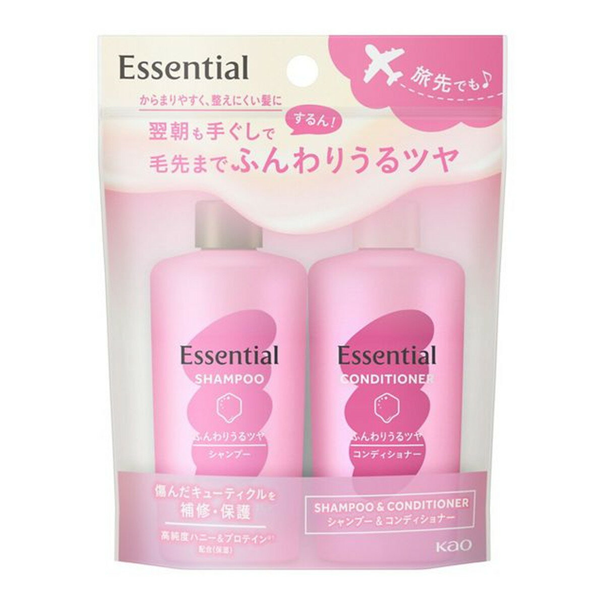【送料込・まとめ買い×24個セット】花王 エッセンシャルふんわりうるツヤ髪 シャンプー 45ml + コンディショナー 45ml ミニセット