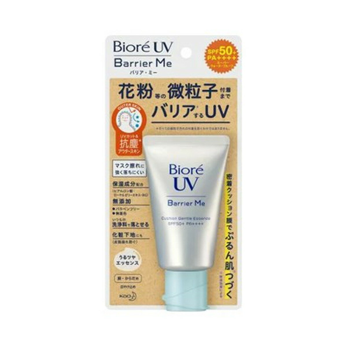 商品名：花王 Biore ビオレ UV バリア・ミー クッションジェントルエッセンス 60g内容量：60gJANコード：4901301405005発売元、製造元、輸入元又は販売元：花王原産国：日本区分：化粧品商品番号：103-c001-4901301405005商品説明乾燥などの環境変化でゆらぐ 「不安定肌」のあなたへ。微粒子付着までバリアするこれからの日やけ止めバリアMeは、超微細な凹凸構造を肌の上に形成することで、日焼けを防ぎ、髪の毛の約40分の1サイズのPM2.5の微粒子汚れ付着までバリア＊します。うるおったぷるん肌がつづく。うるツヤ エッセンスタイプ●SPF50+ PA++++●スーパーウォータープルーフ●保湿成分配合でうるおう(ヒアルロン酸・ローヤルゼリーエキス・BG)●無添加(パラベンフリー/無着色)●いつもの洗浄料で落とせる●白浮きしない●全身にするするのばせる広告文責：アットライフ株式会社TEL 050-3196-1510 ※商品パッケージは変更の場合あり。メーカー欠品または完売の際、キャンセルをお願いすることがあります。ご了承ください。