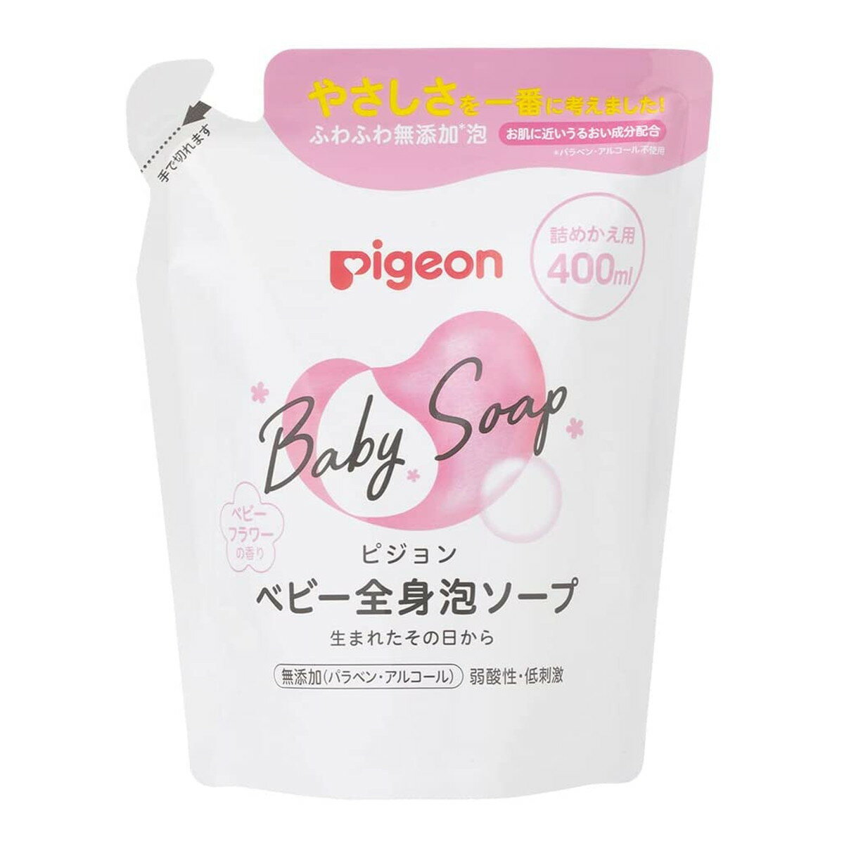 商品名：ピジョン ベビー全身泡ソープ ベビーフラワーの香り 詰めかえ用 400ml内容量：400mlJANコード：4902508084468発売元、製造元、輸入元又は販売元：ピジョン原産国：日本区分：化粧品商品番号：103-4902508084468商品説明●生まれたての肌へのやさしさを考えた処方。●赤ちゃんのお肌にあわせた弱酸性●赤ちゃんのお肌を泡でやさしく洗います。●硫酸系界面活性剤を使用していません。広告文責：アットライフ株式会社TEL 050-3196-1510 ※商品パッケージは変更の場合あり。メーカー欠品または完売の際、キャンセルをお願いすることがあります。ご了承ください。